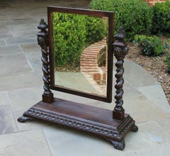Antique English Barley Twist Mirror Gothic Oak Tilting Dresser Vanity Mirror