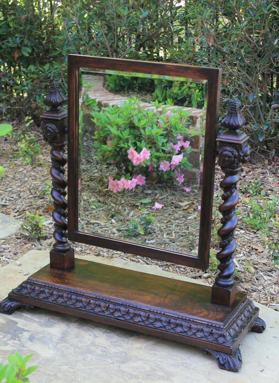 Carved Antique English Barley Twist Mirror Gothic Oak Tilting Dresser Vanity Mirror