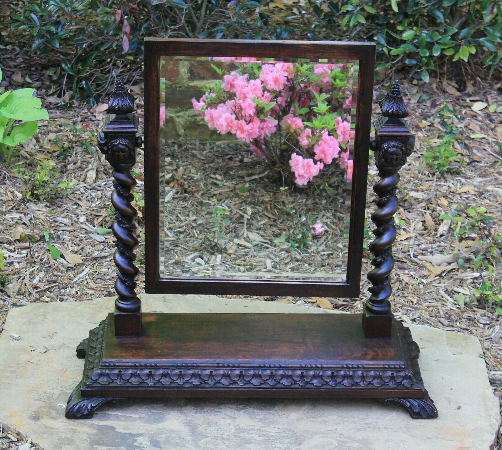 Antique English Barley Twist Mirror Gothic Oak Tilting Dresser Vanity Mirror In Good Condition In Tyler, TX