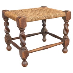 Antique English Barley Twist Oak & Woven Cord Rope Stool Footstool, circa 1900