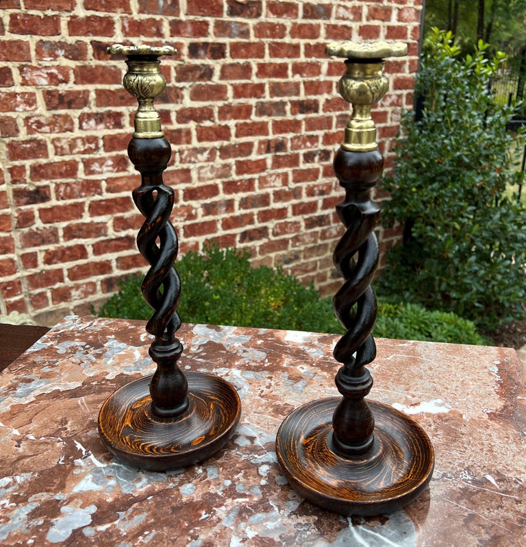 Antique English Barley Twist Open Candlesticks Candle Holders Oak Pair
