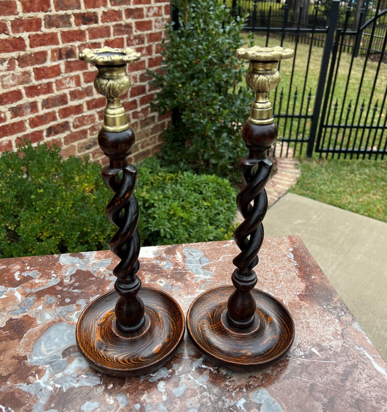 Antique English Barley Twist Open Candlesticks Candle Holders Oak Pair