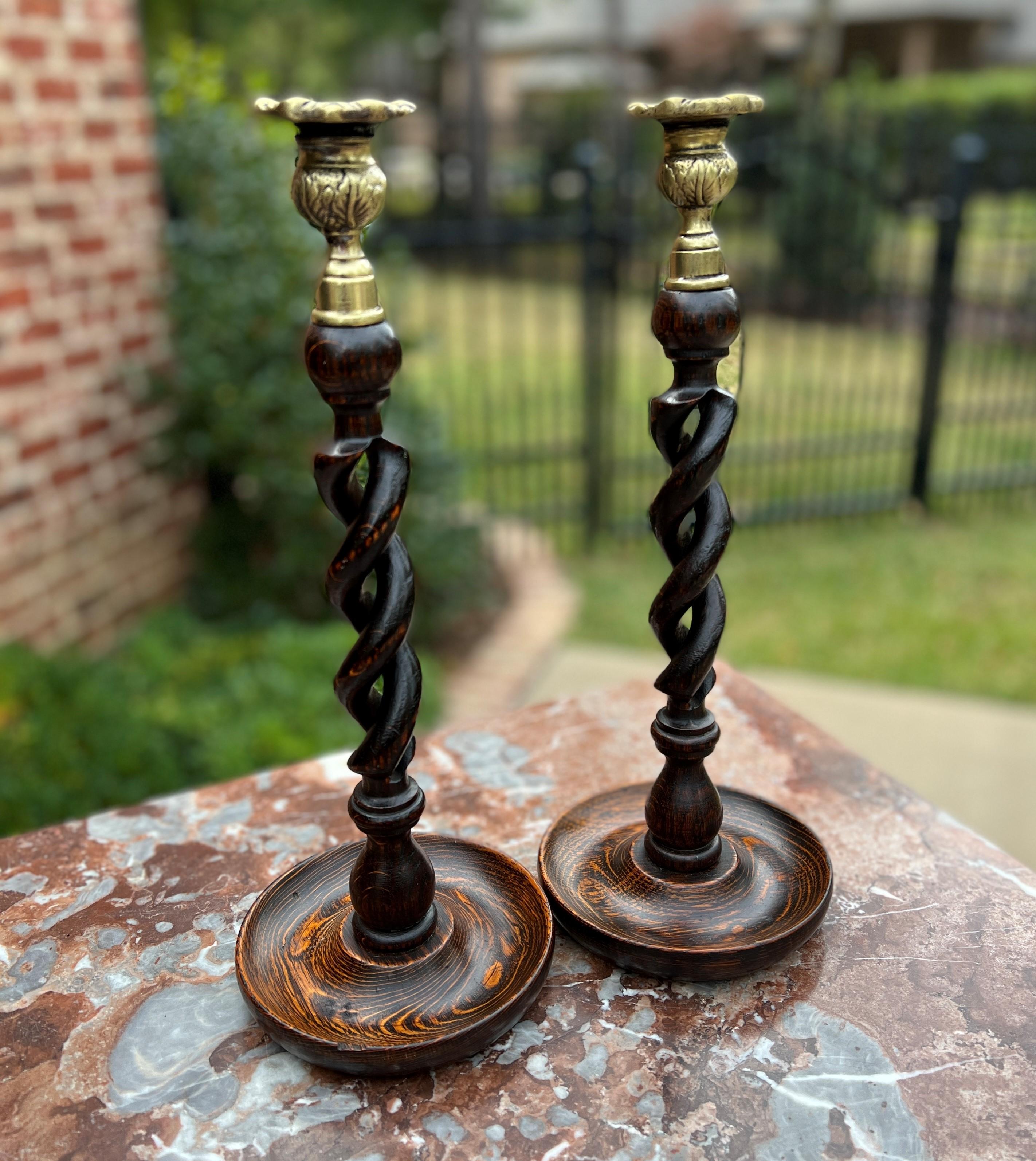 Arts and Crafts Antique English Barley Twist Open Candlesticks Candle Holders Oak Pair