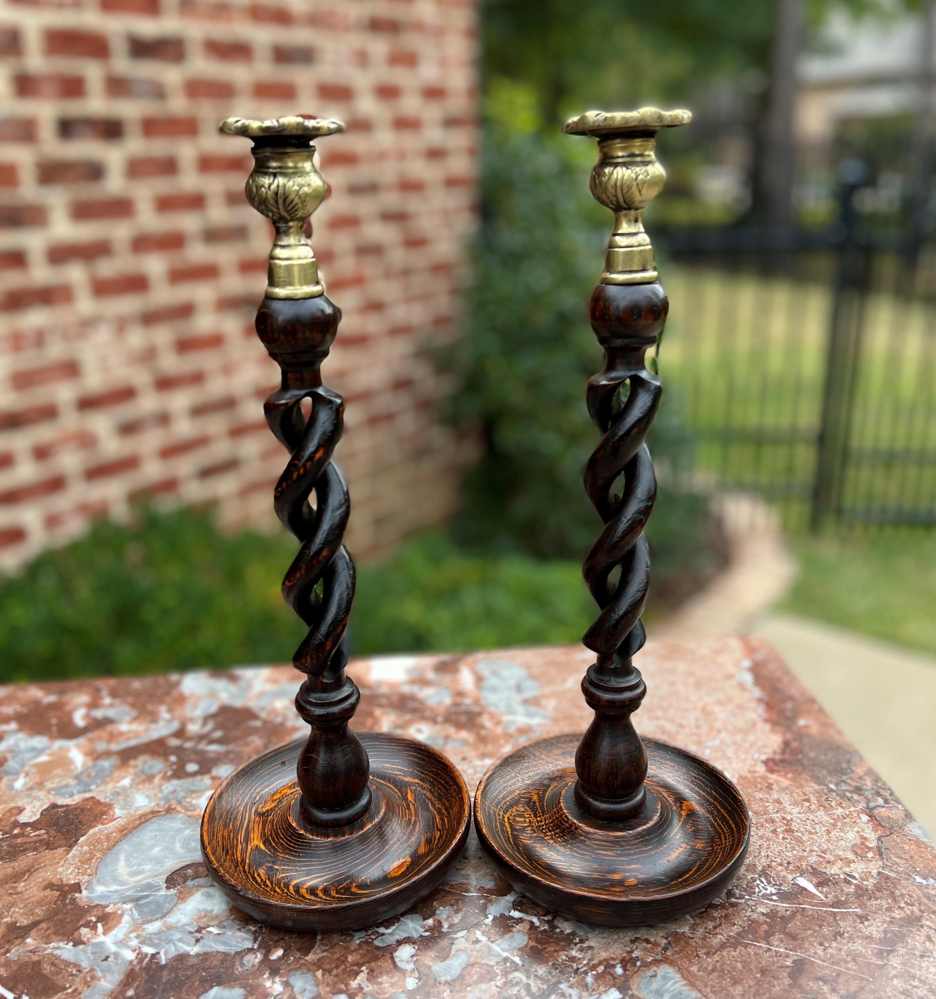 Carved Antique English Barley Twist Open Candlesticks Candle Holders Oak Pair
