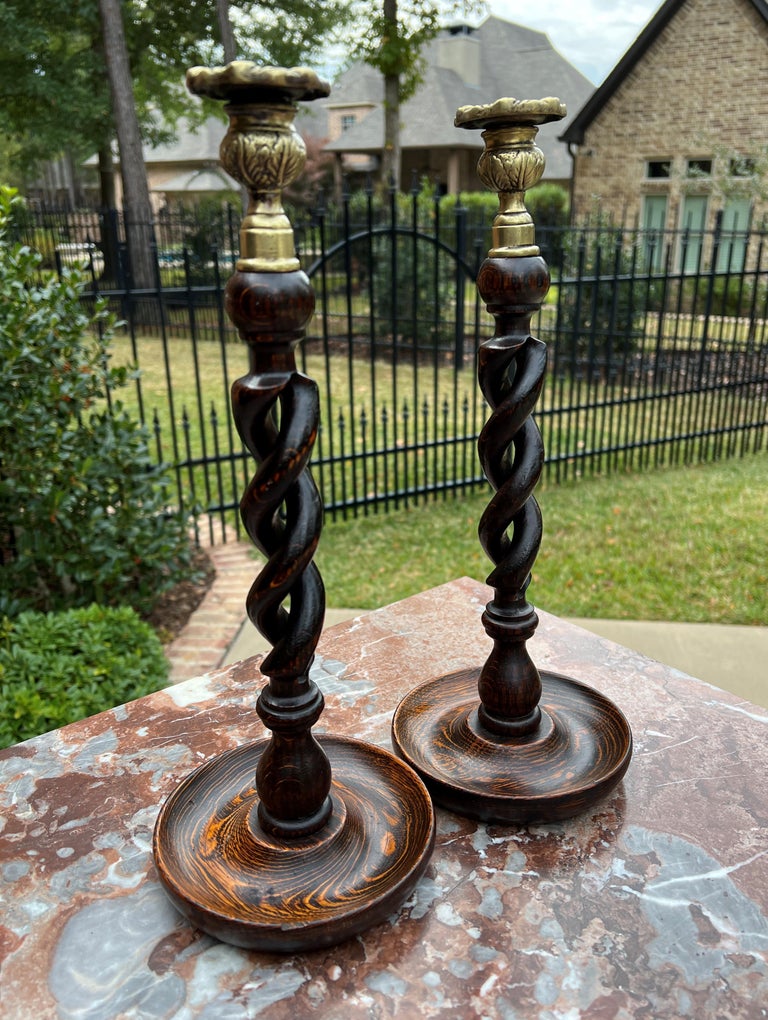 Antique English Barley Twist Open Candlesticks Candle Holders Oak Pair