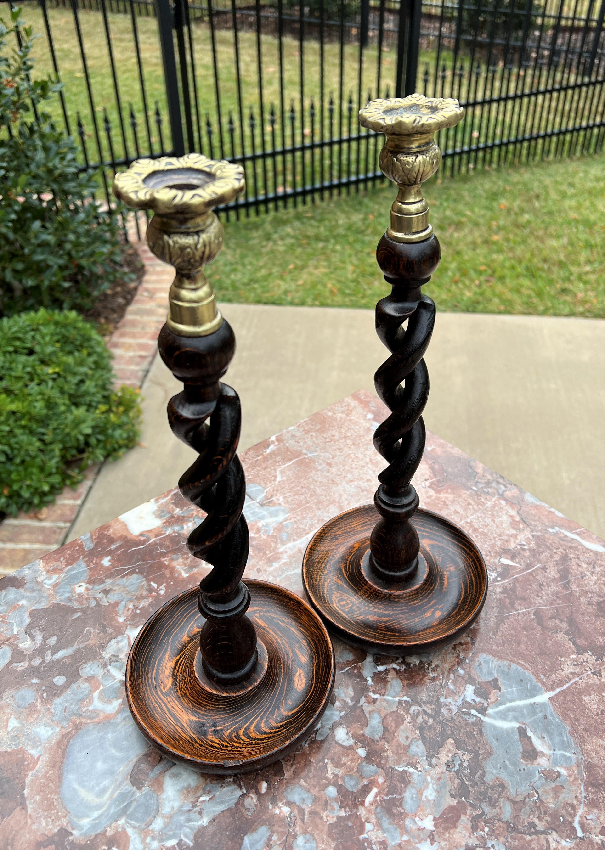 Early 20th Century Antique English Barley Twist Open Candlesticks Candle Holders Oak Pair