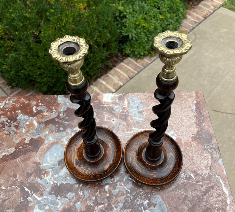 Antique English Barley Twist Open Candlesticks Candle Holders Oak Pair