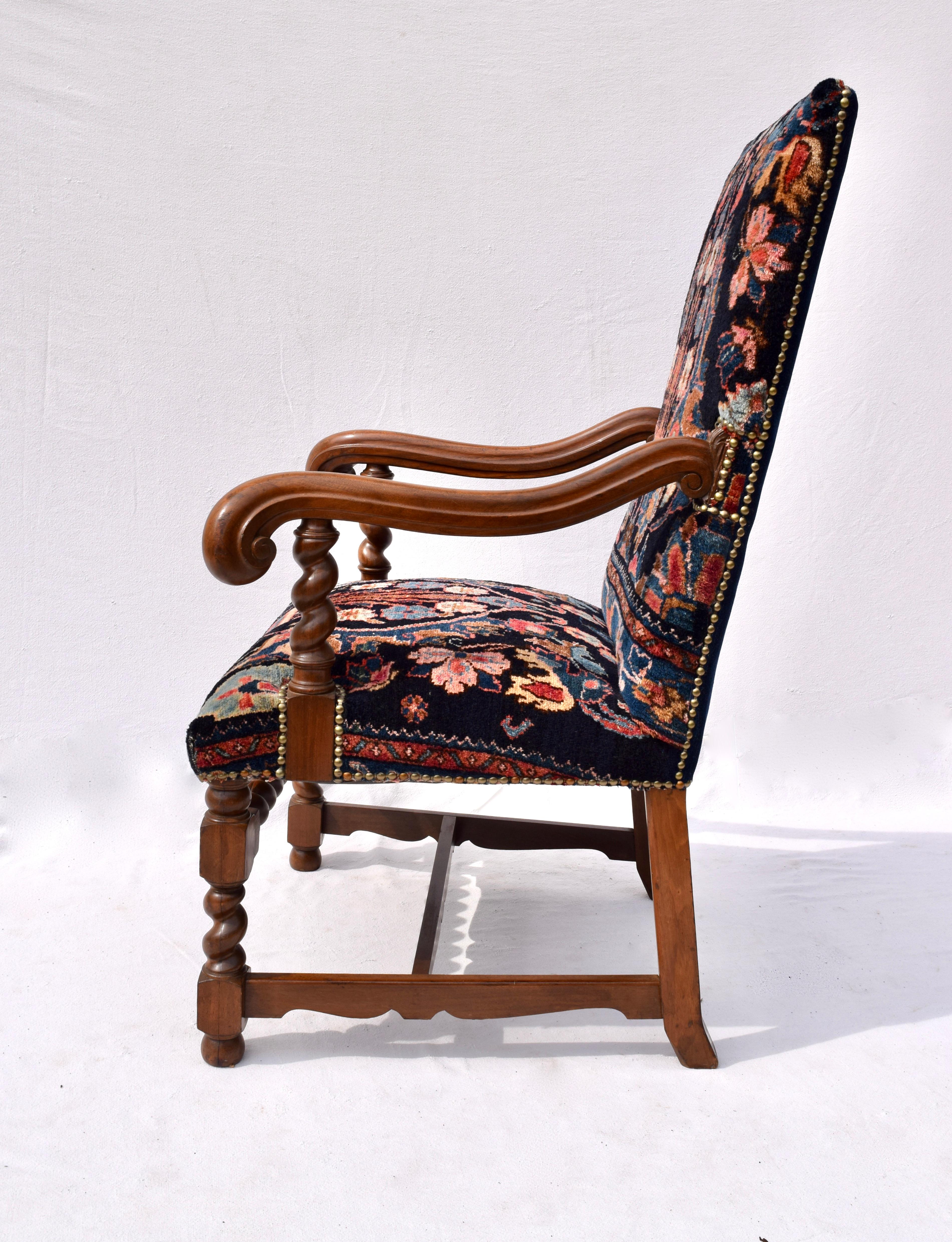 Antique English Barley Twist Oriental Carpet Upholstered Chair 4