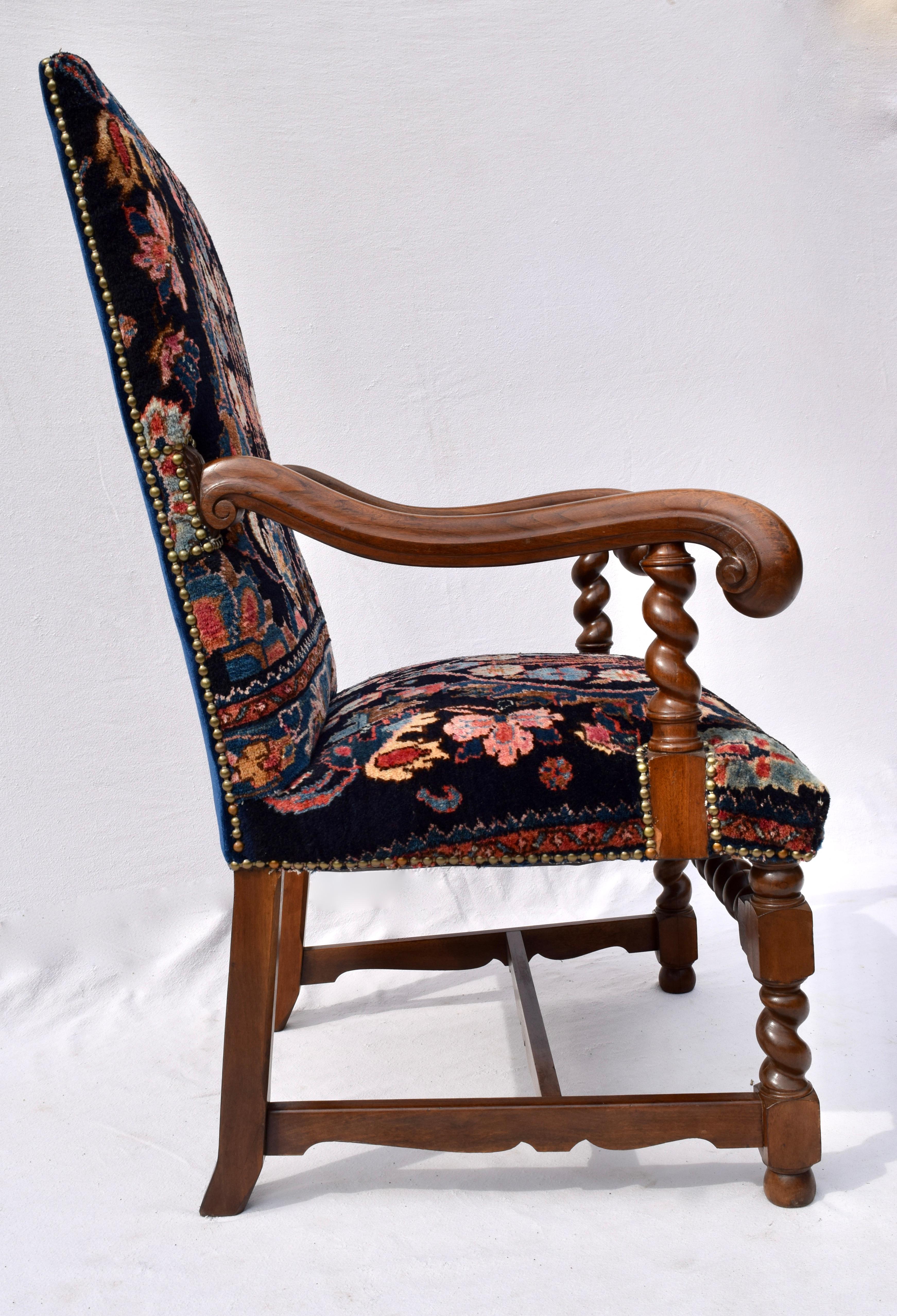 Antique English Barley Twist Oriental Carpet Upholstered Chair 7