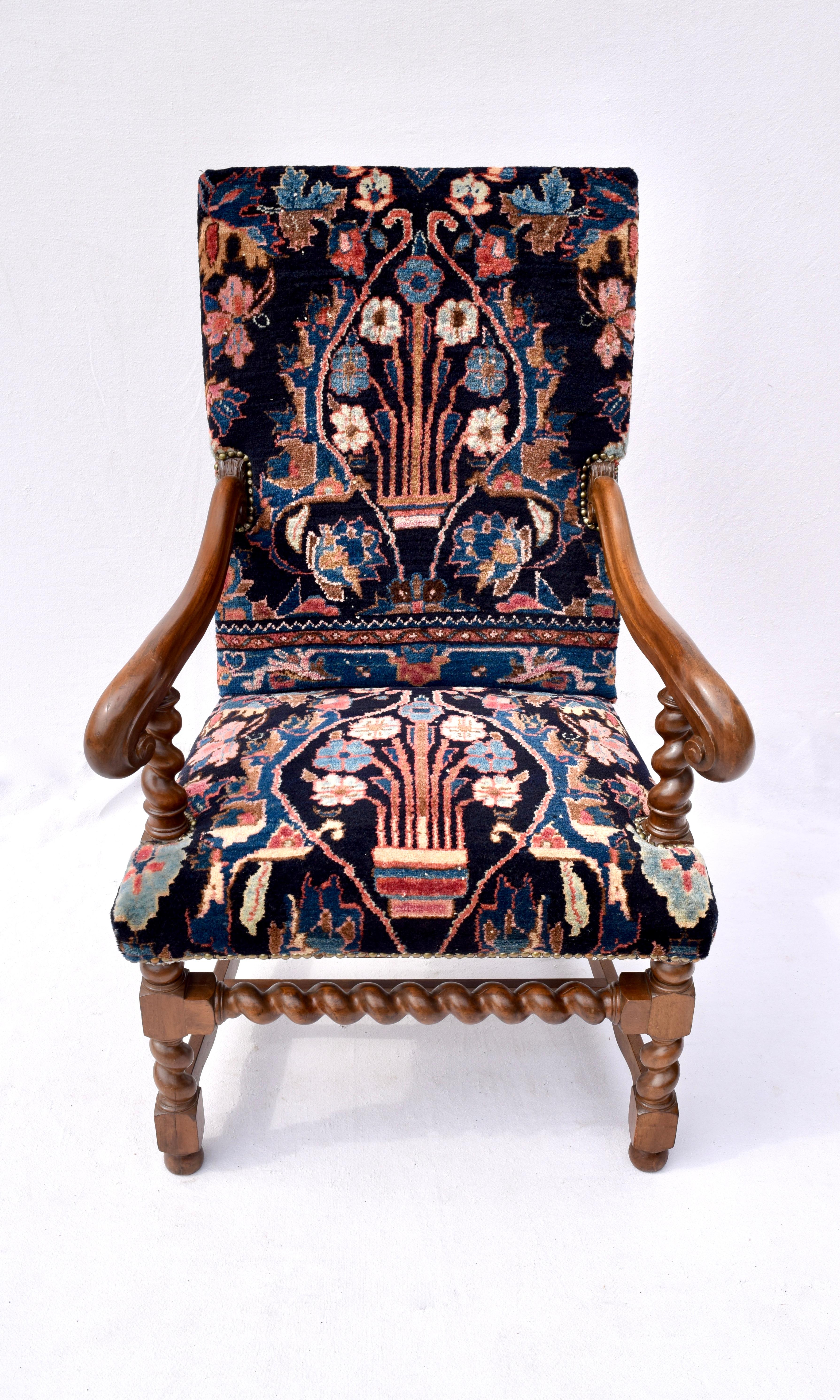 Jacobean Antique English Barley Twist Oriental Carpet Upholstered Chair