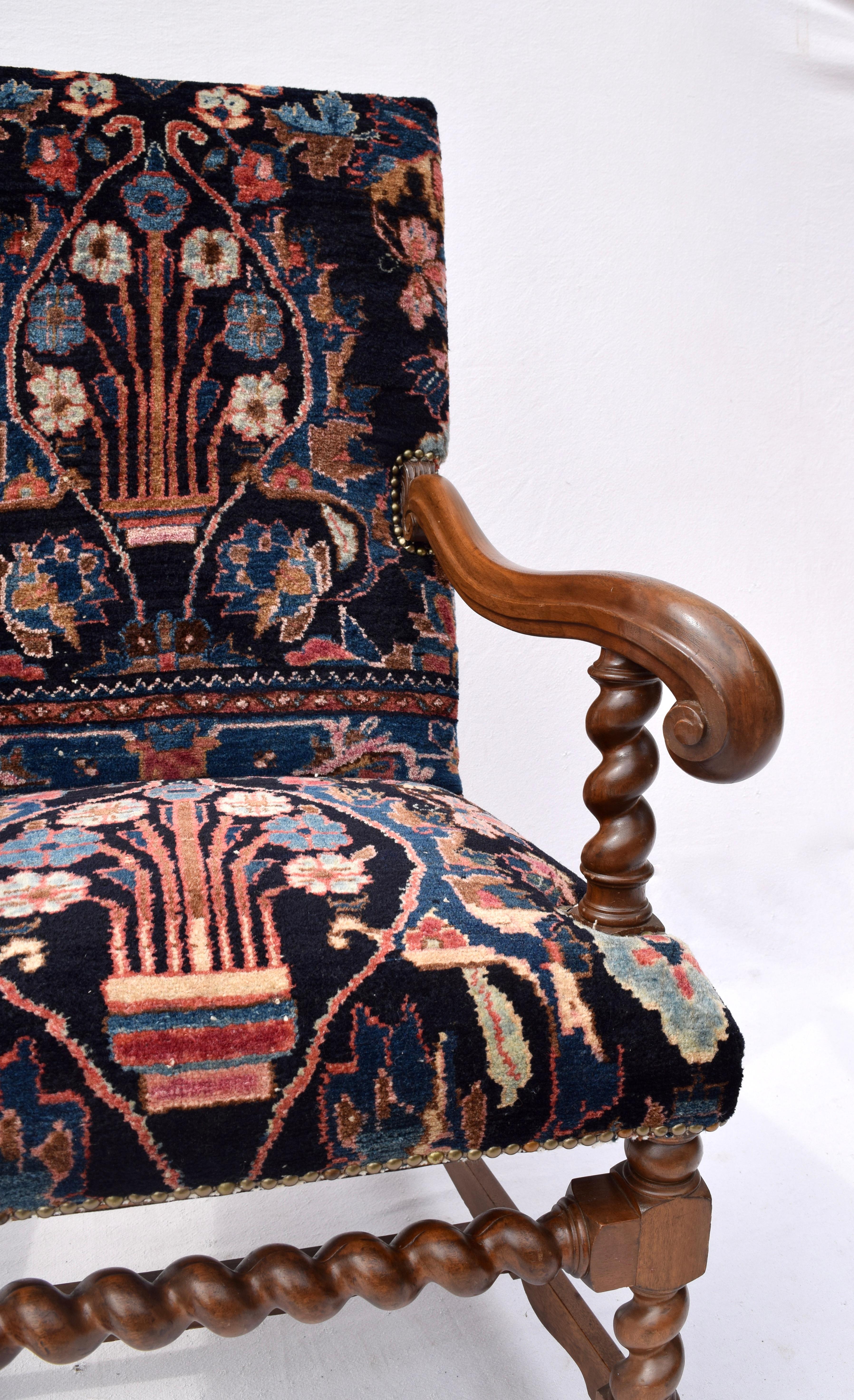 Antique English Barley Twist Oriental Carpet Upholstered Chair In Good Condition In Southampton, NJ