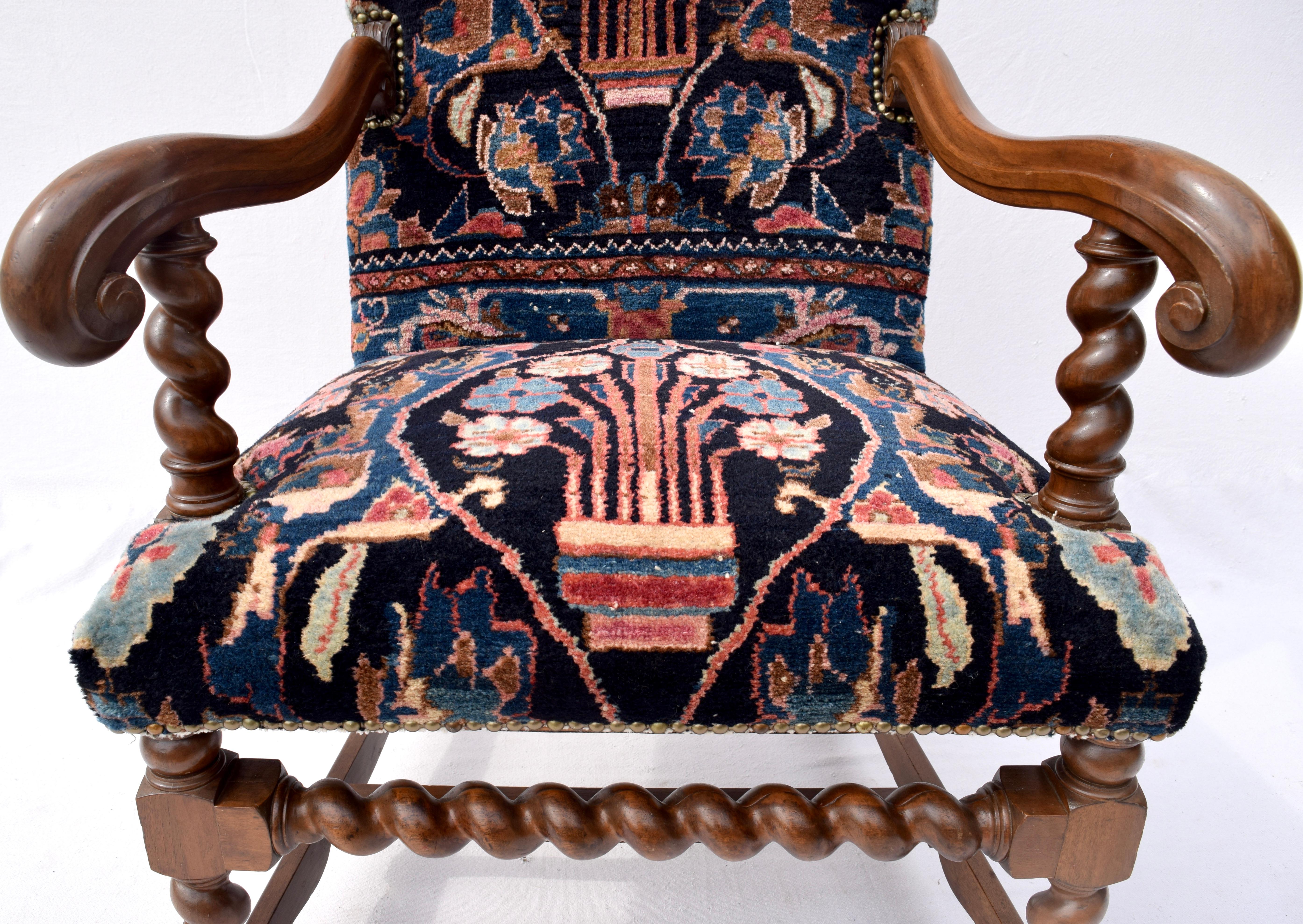 19th Century Antique English Barley Twist Oriental Carpet Upholstered Chair