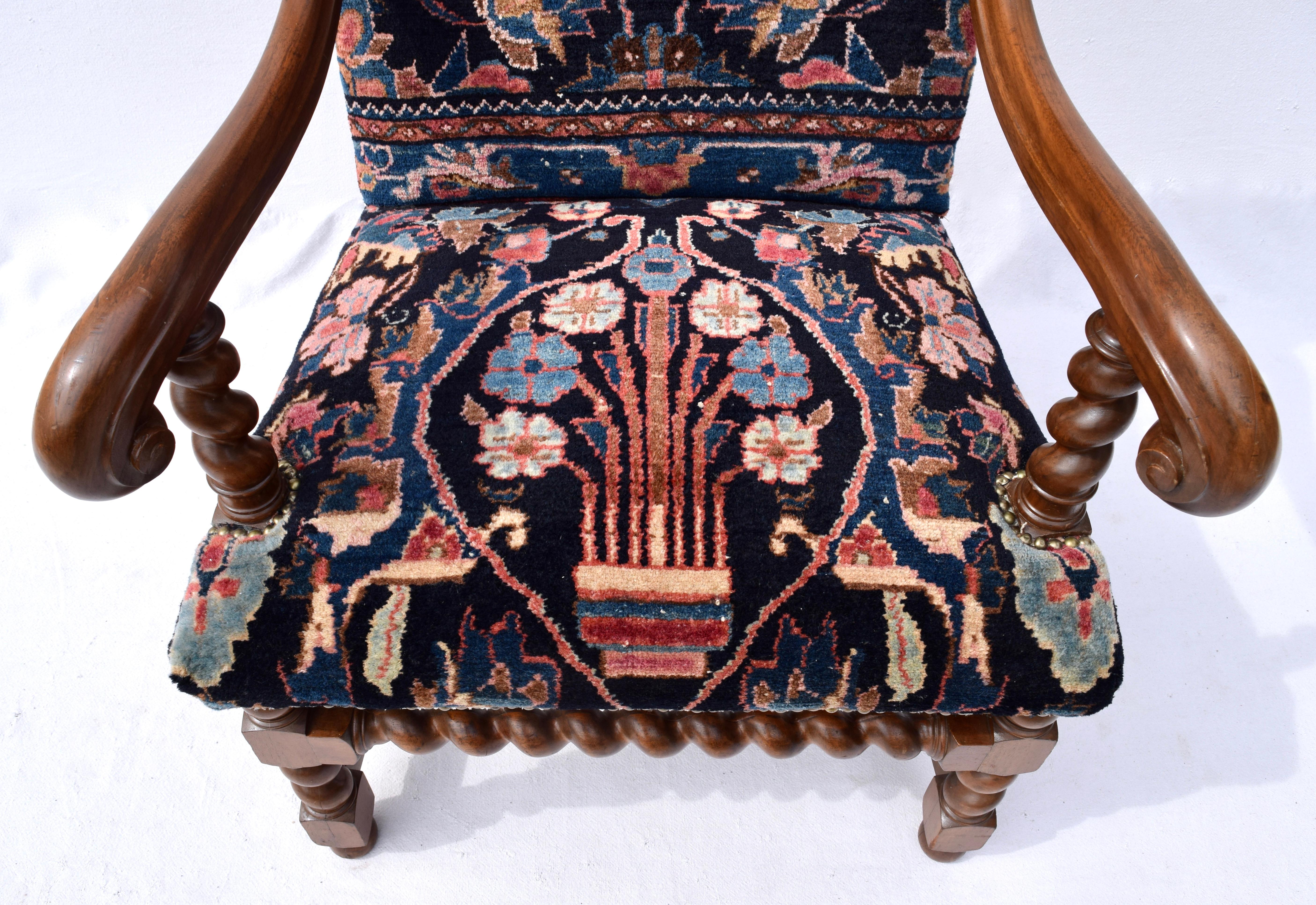 Brass Antique English Barley Twist Oriental Carpet Upholstered Chair