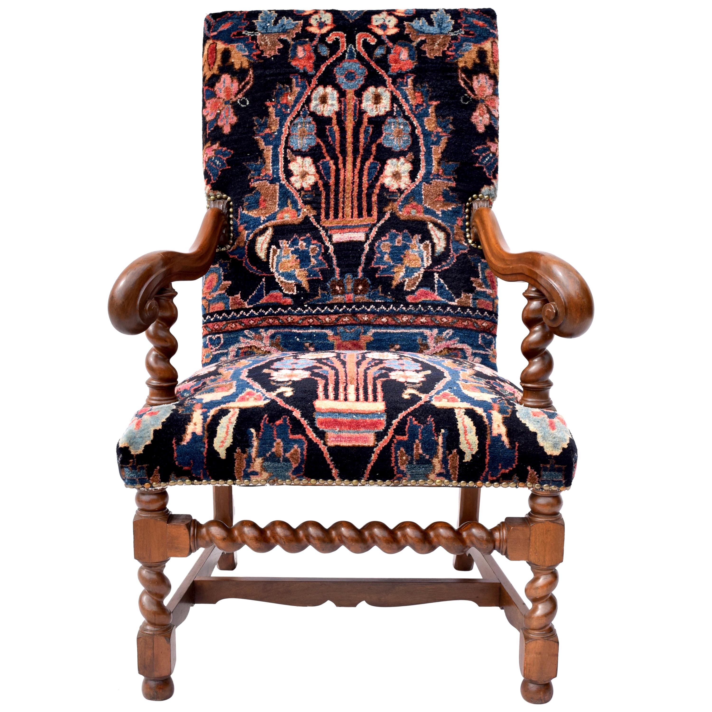 Antique English Barley Twist Oriental Carpet Upholstered Chair