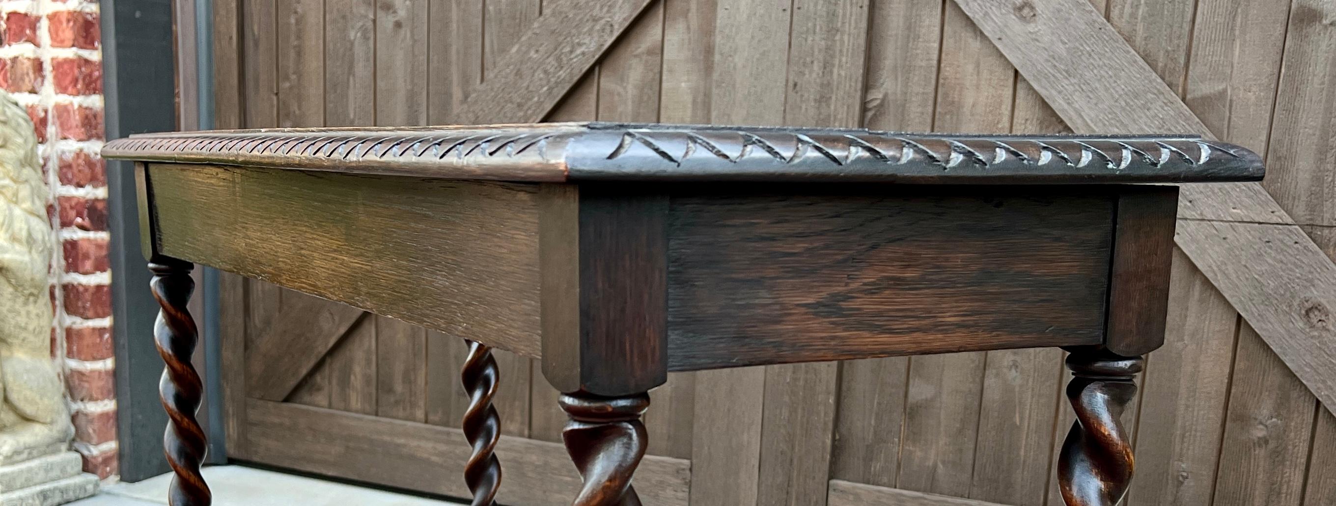 Antique English Barley Twist Sofa Entry Table Oak Carved Beveled Edge Top 1920s 9