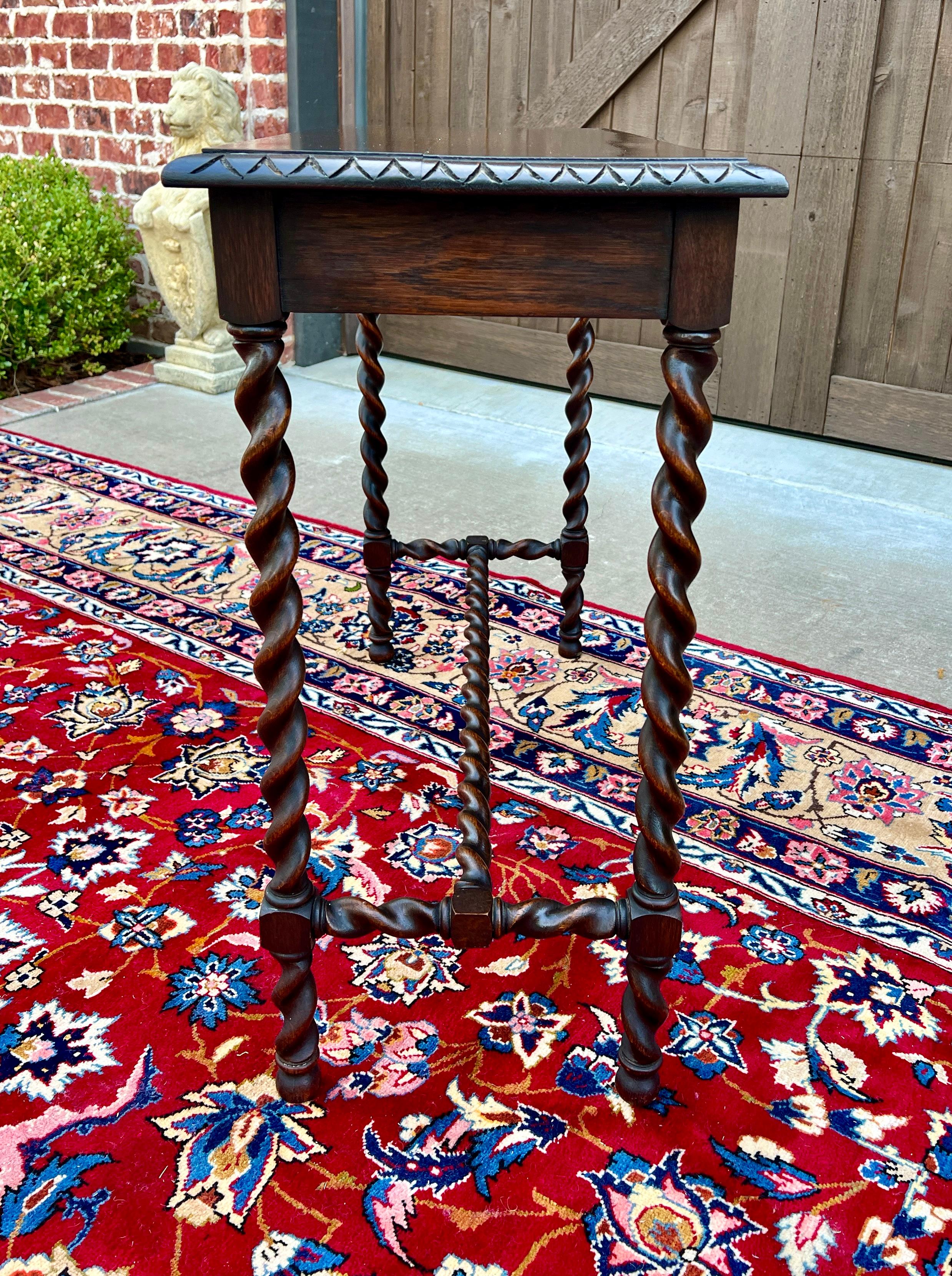 Antique English Barley Twist Sofa Entry Table Oak Carved Beveled Edge Top 1920s 10