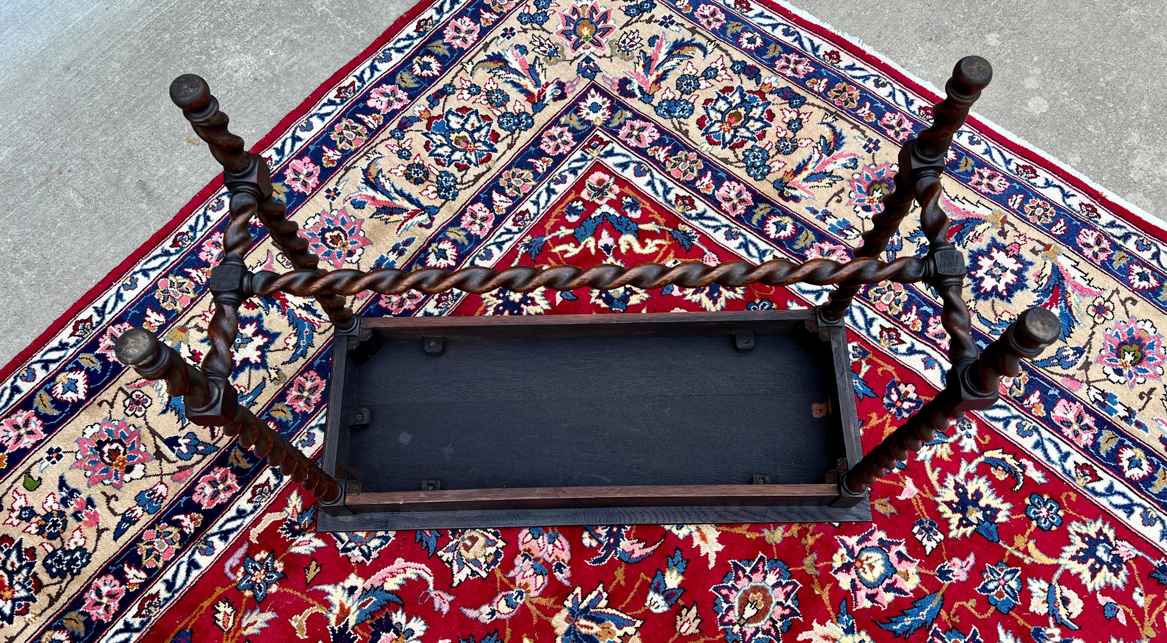 Antique English Barley Twist Sofa Entry Table Oak Carved Beveled Edge Top 1920s 12