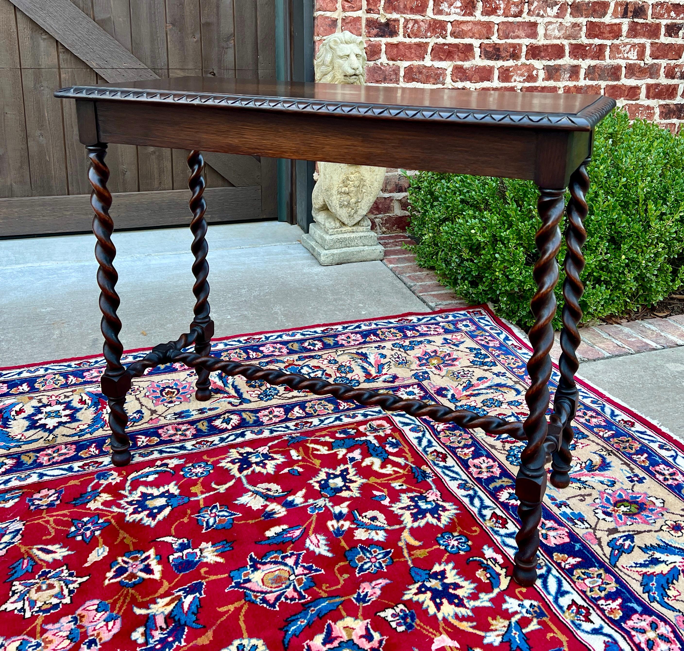 Jacobean Antique English Barley Twist Sofa Entry Table Oak Carved Beveled Edge Top 1920s