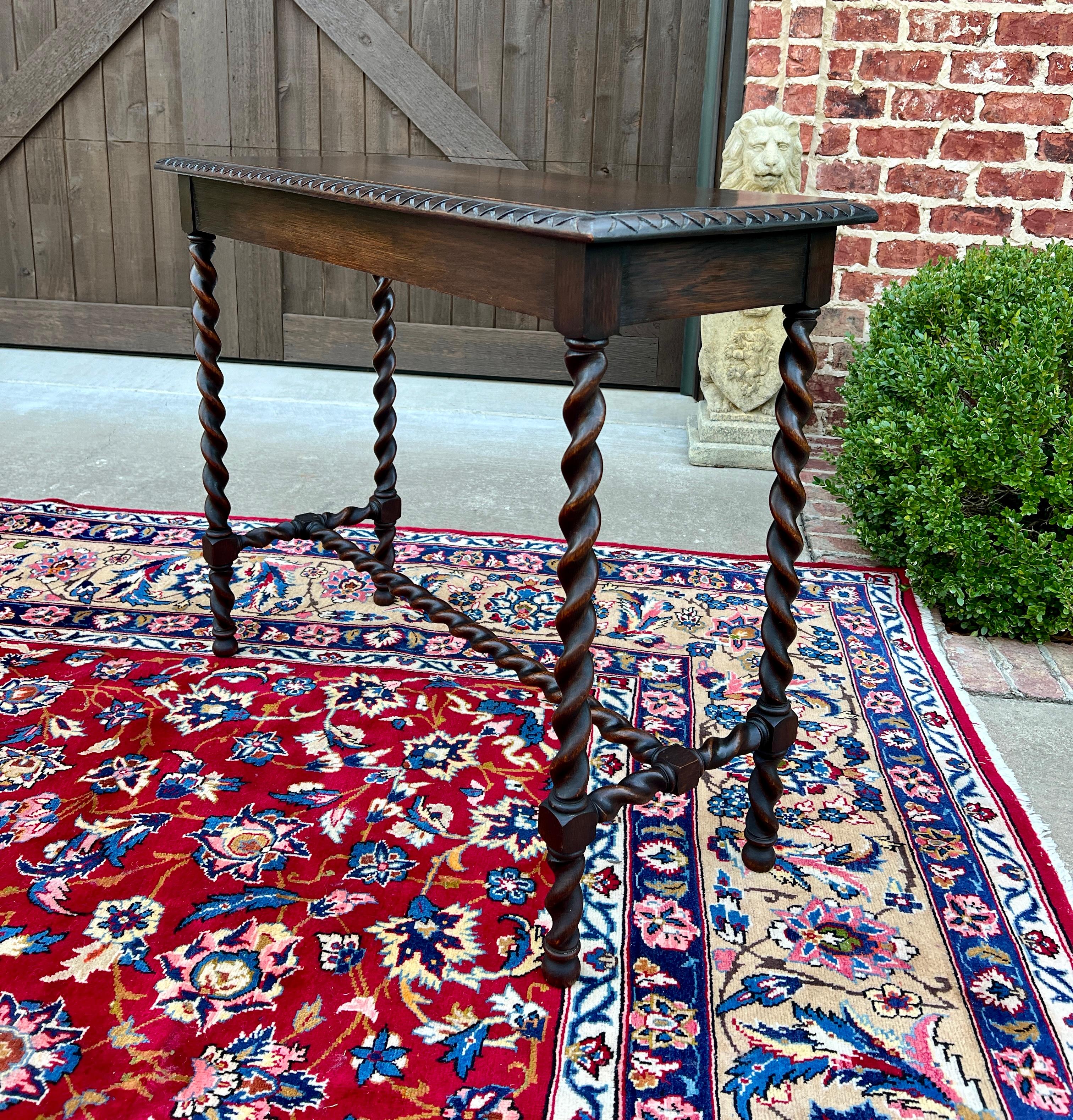 French Antique English Barley Twist Sofa Entry Table Oak Carved Beveled Edge Top 1920s