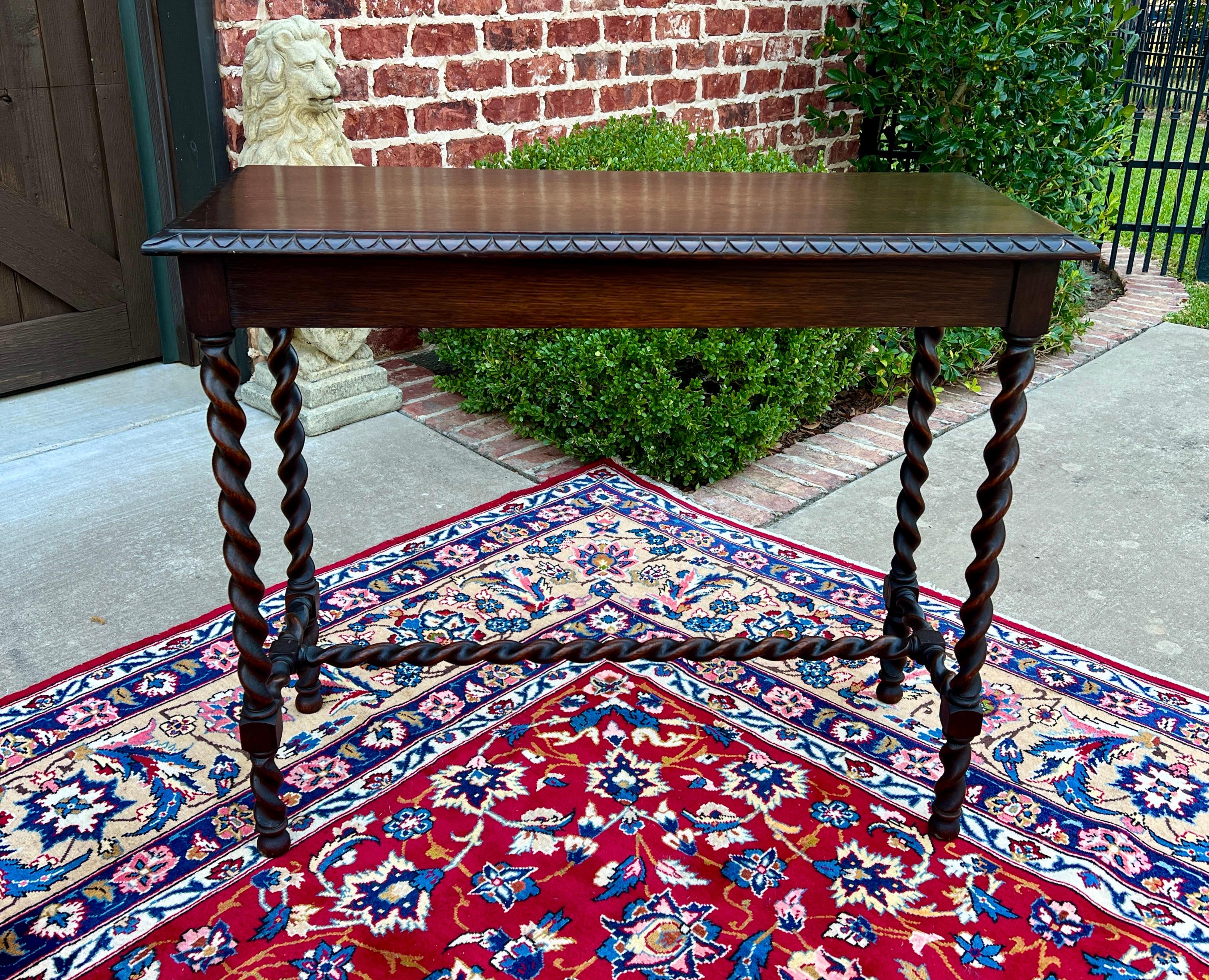 Antique English Barley Twist Sofa Entry Table Oak Carved Beveled Edge Top 1920s 1