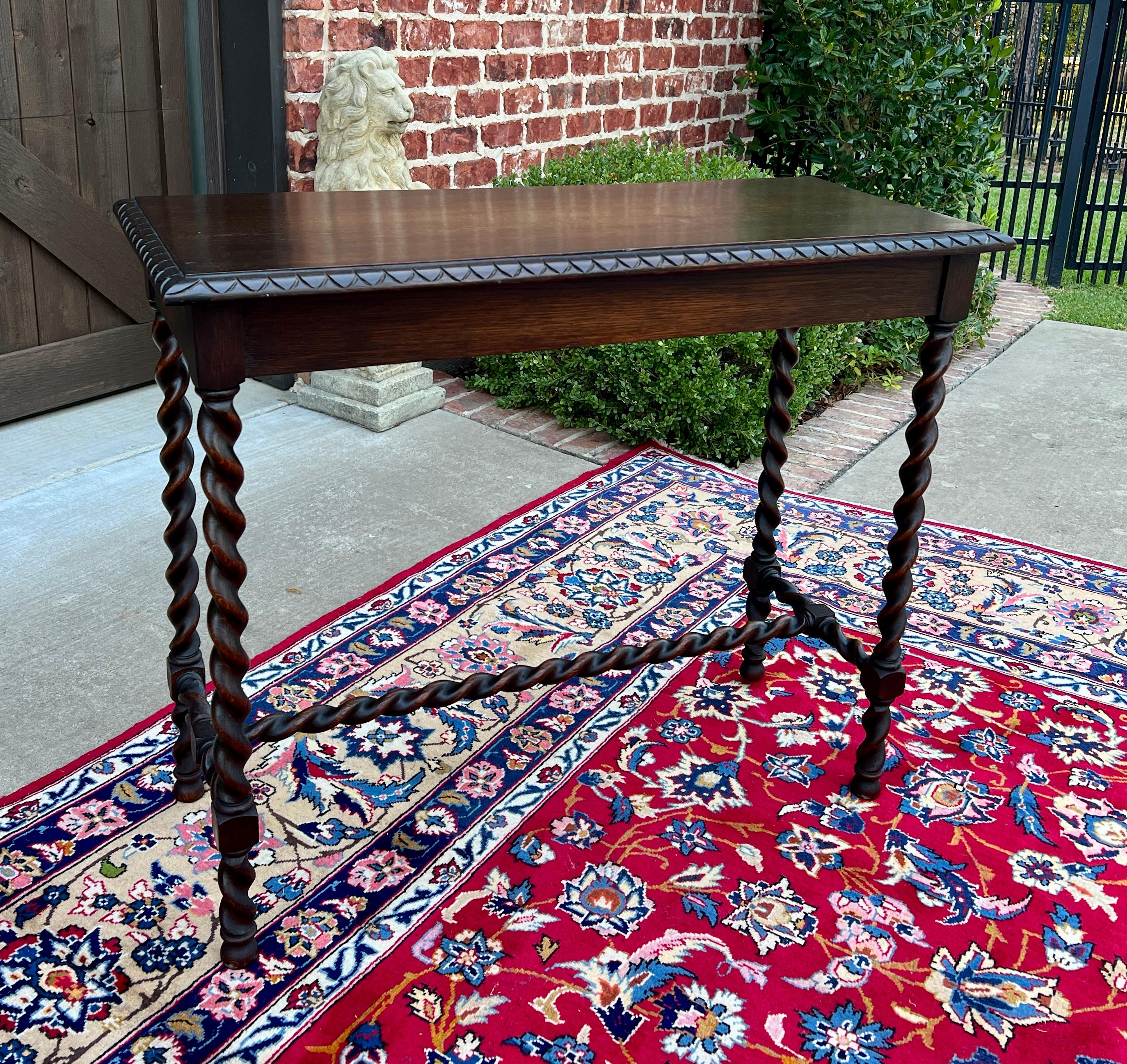 Antique English Barley Twist Sofa Entry Table Oak Carved Beveled Edge Top 1920s 2
