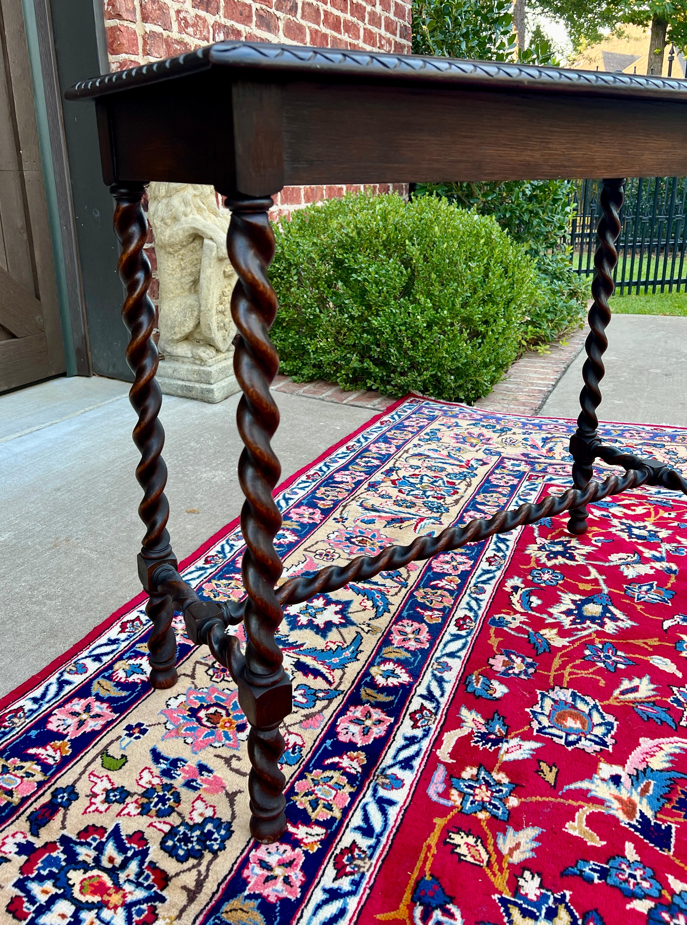 Antique English Barley Twist Sofa Entry Table Oak Carved Beveled Edge Top 1920s 3
