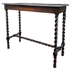 Antique English Barley Twist Sofa Entry Table Oak Carved Beveled Edge Top 1920s