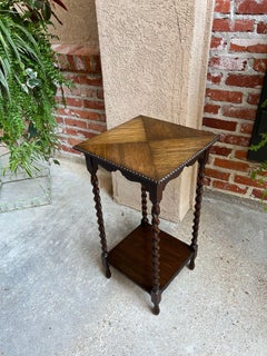 Antique English Barley Twist Square Side Table Petite Two Tier Oak c1910