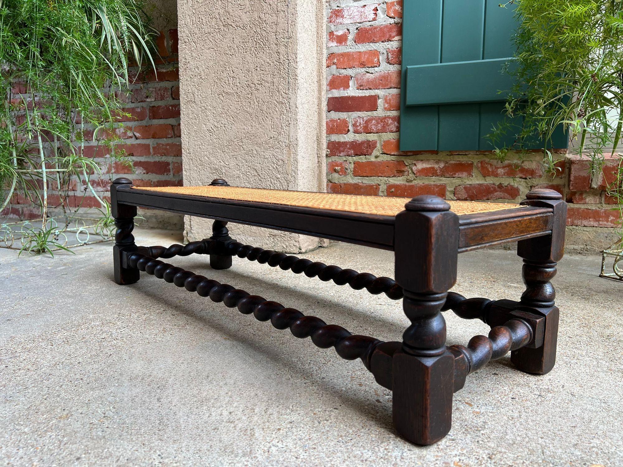 Antique English Barley Twist Stool Bench Oak Cane Jacobean Ottoman c1920 For Sale 7