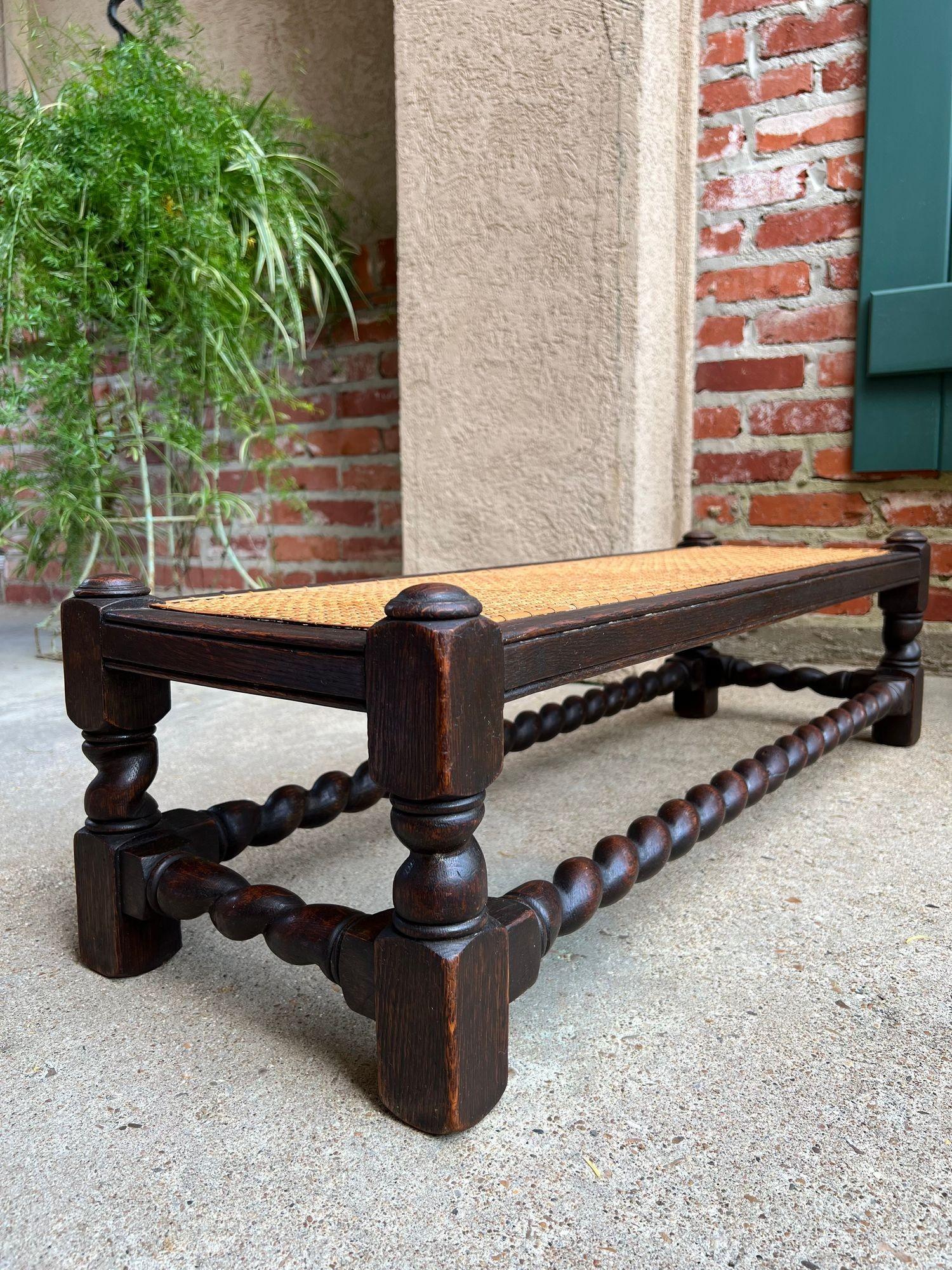 Antique English Barley Twist Stool Bench Oak Cane Jacobean Ottoman c1920 For Sale 8