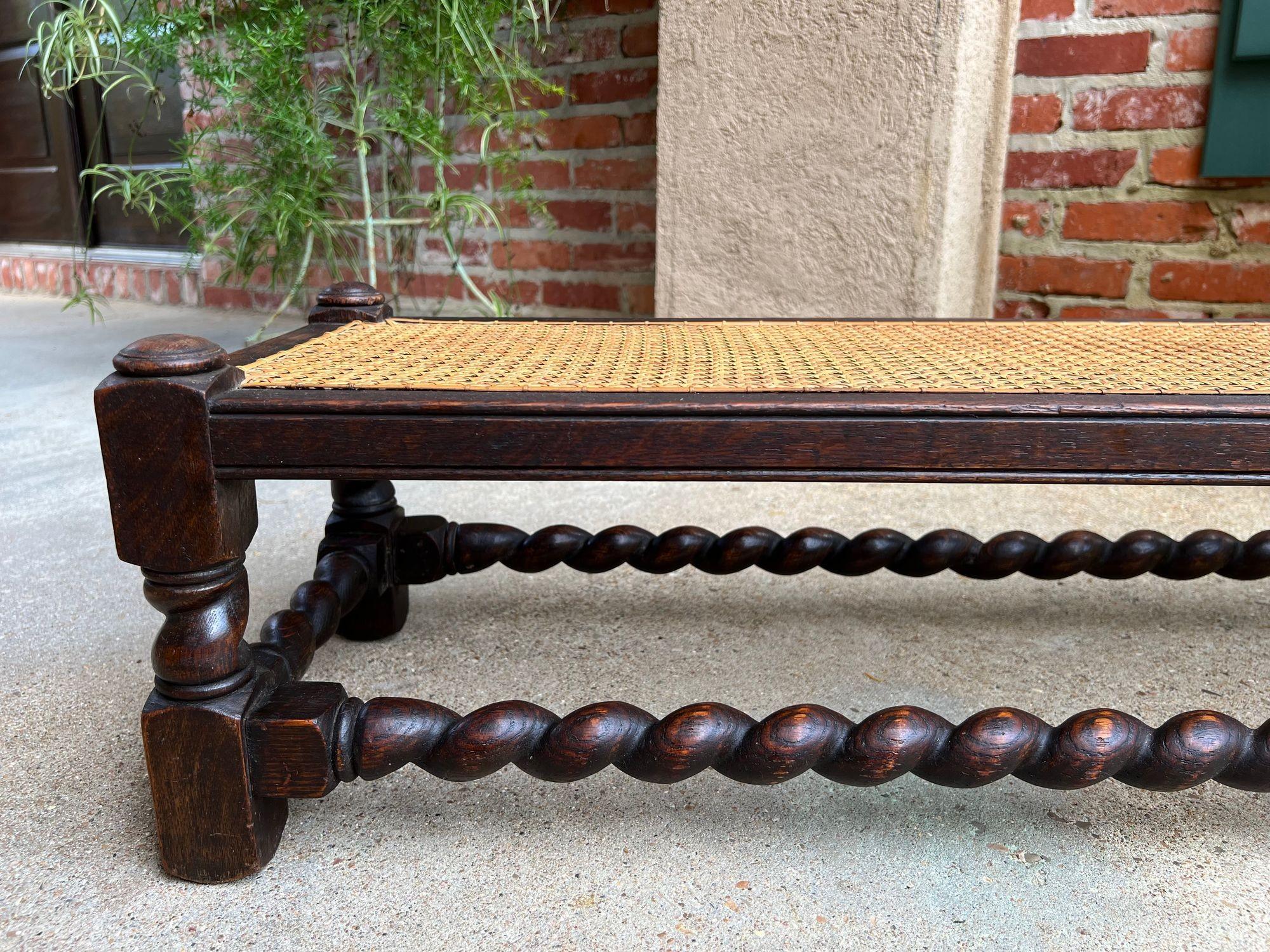 Antique English Barley Twist Stool Bench Oak Cane Jacobean Ottoman c1920 For Sale 9