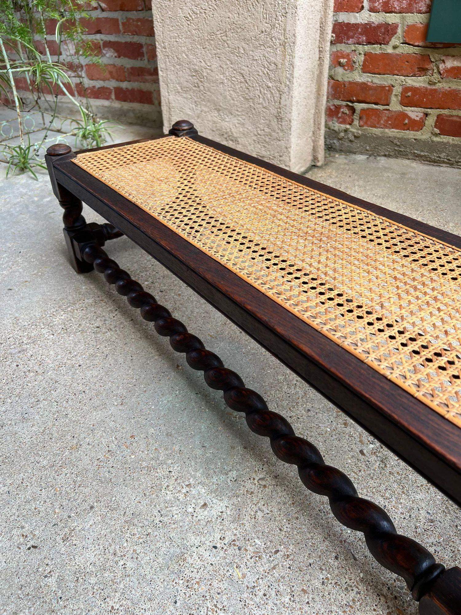 Antique English Barley Twist Stool Bench Oak Cane Jacobean Ottoman c1920 For Sale 11