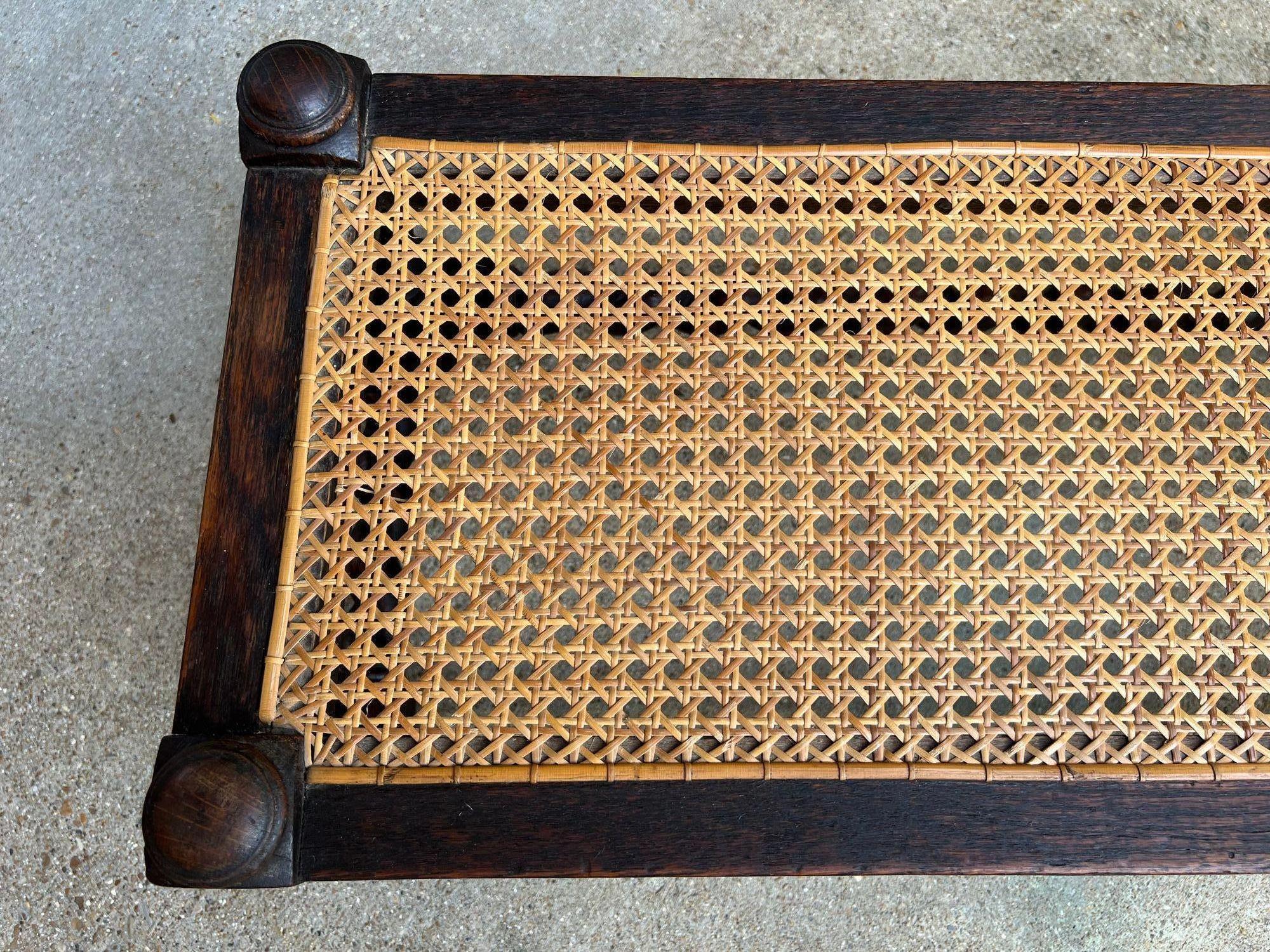 Antique English Barley Twist Stool Bench Oak Cane Jacobean Ottoman c1920 For Sale 12