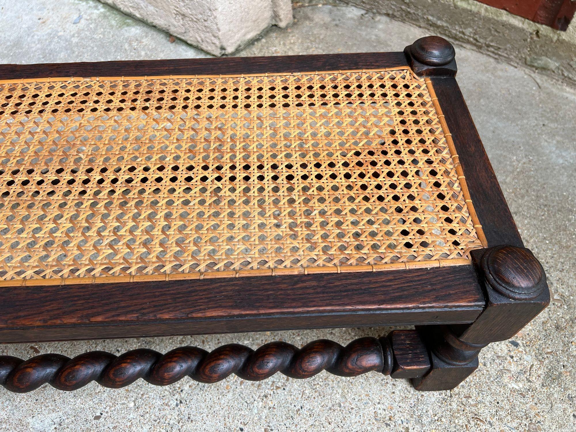 Antique English Barley Twist Stool Bench Oak Cane Jacobean Ottoman c1920 For Sale 13