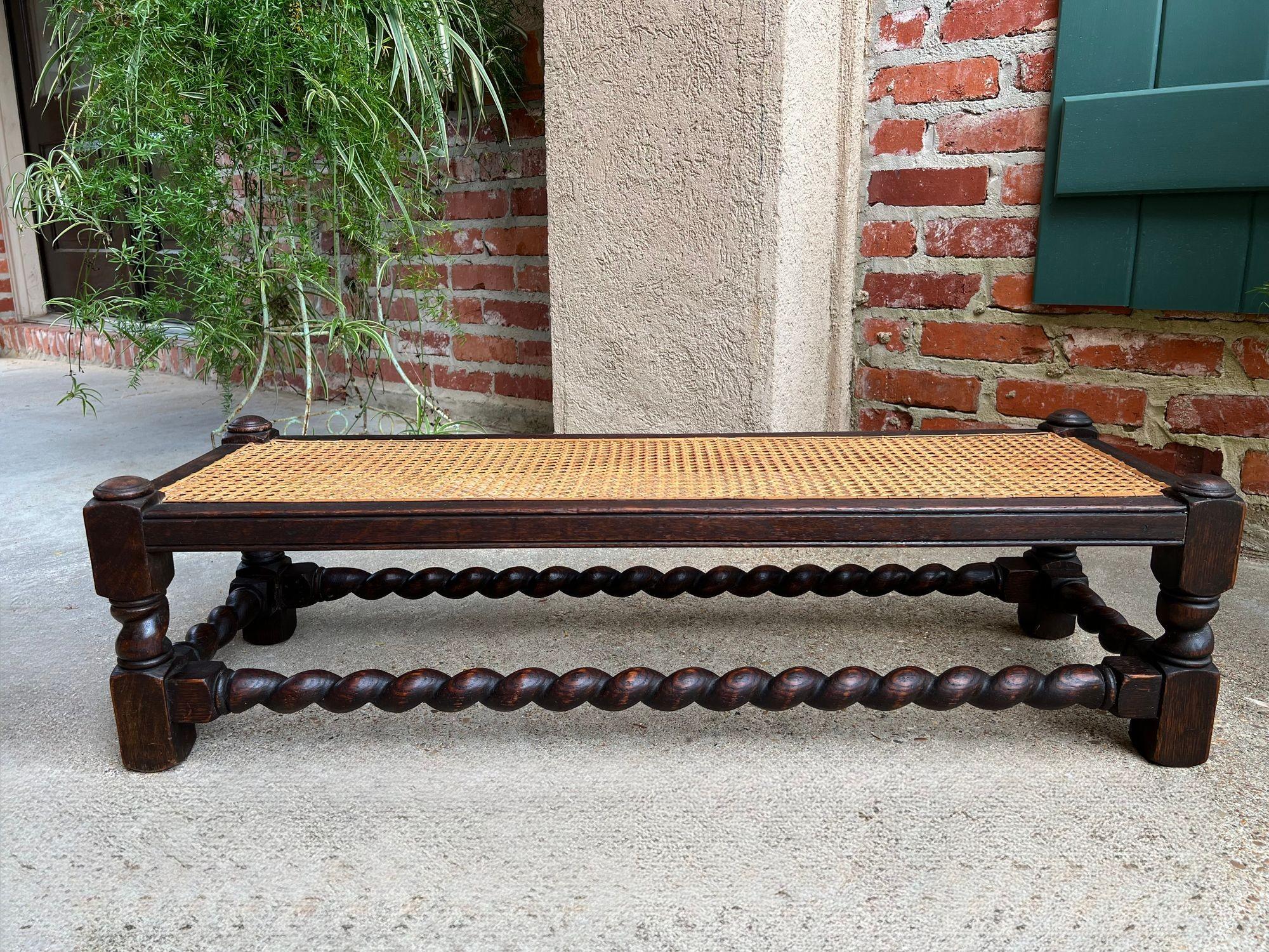 British Antique English Barley Twist Stool Bench Oak Cane Jacobean Ottoman c1920 For Sale
