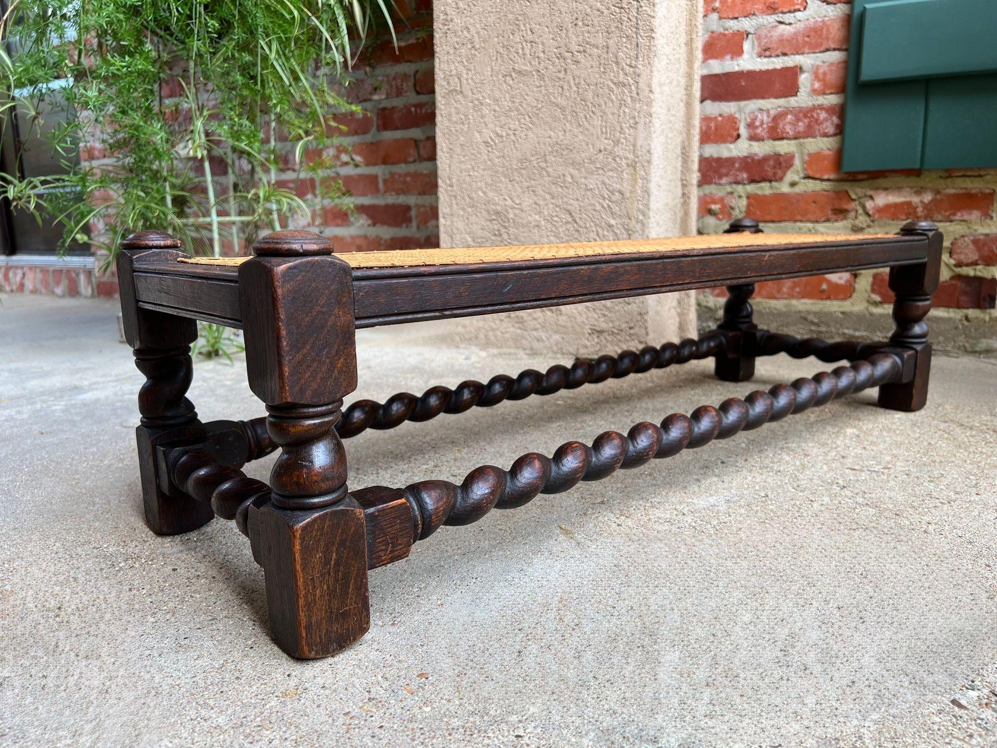 Caning Antique English Barley Twist Stool Bench Oak Cane Jacobean Ottoman c1920 For Sale