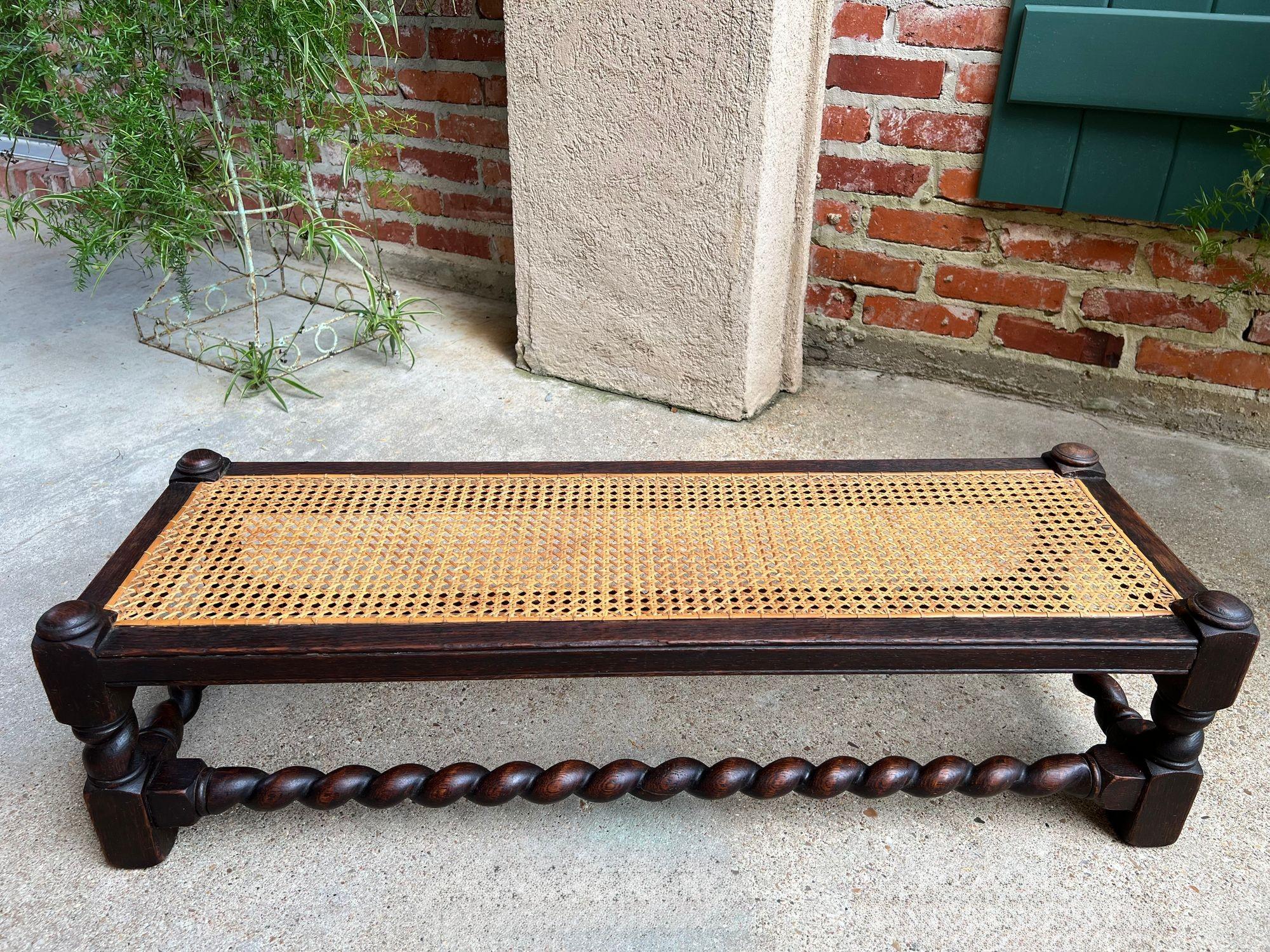Antique English Barley Twist Stool Bench Oak Cane Jacobean Ottoman c1920 In Good Condition For Sale In Shreveport, LA