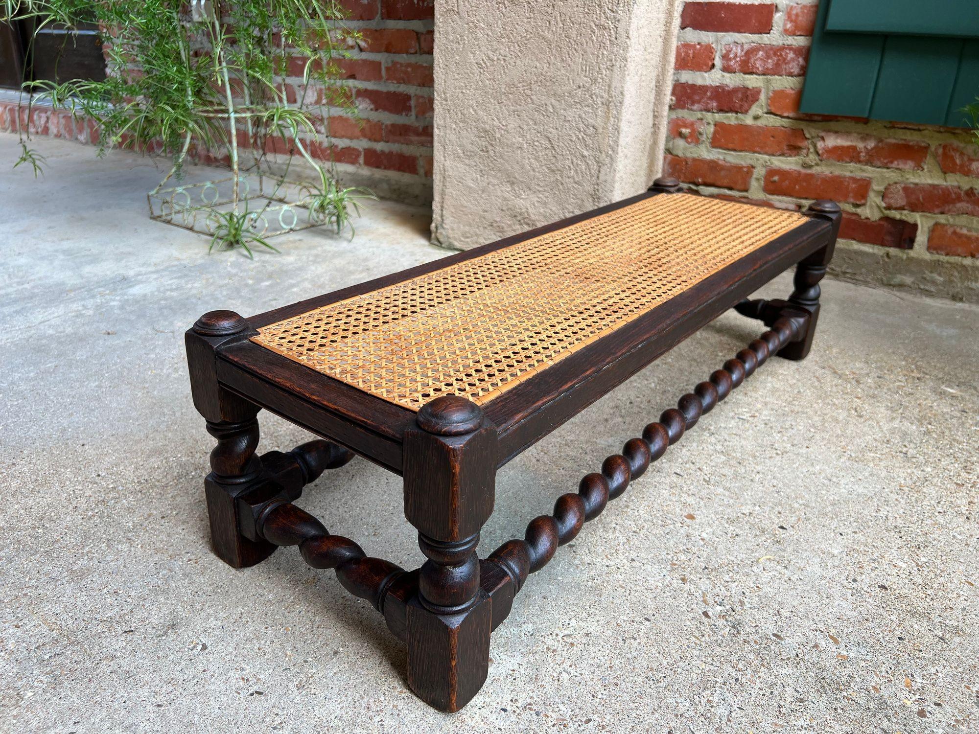 Early 20th Century Antique English Barley Twist Stool Bench Oak Cane Jacobean Ottoman c1920 For Sale
