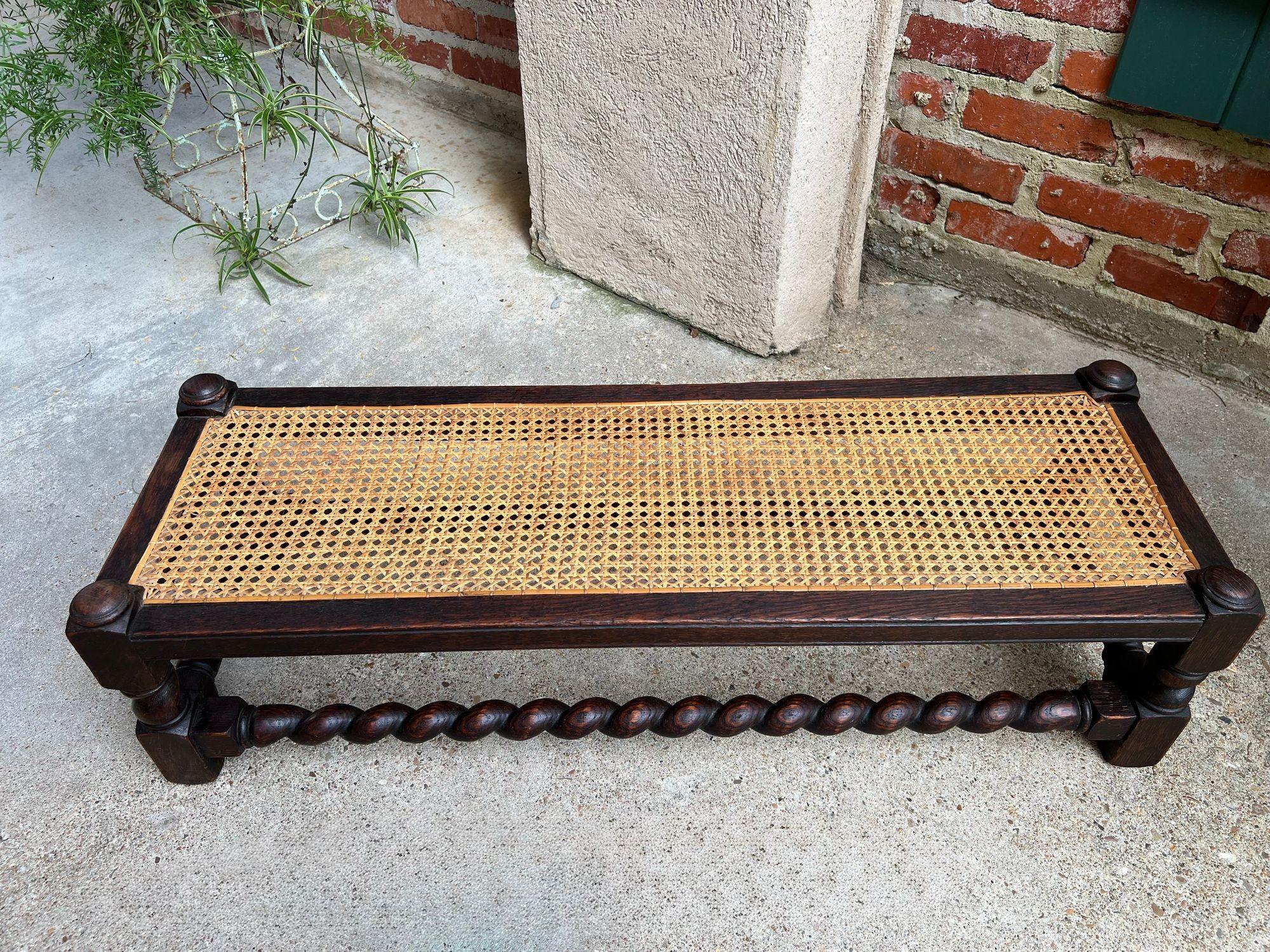 Antique English Barley Twist Stool Bench Oak Cane Jacobean Ottoman c1920 For Sale 1