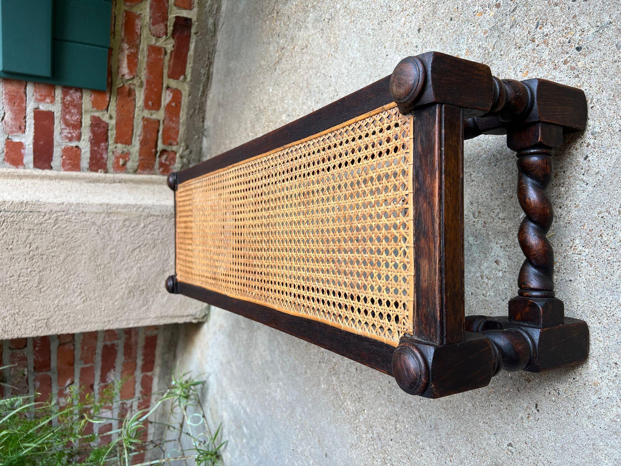 Antique English Barley Twist Stool Bench Oak Cane Jacobean Ottoman c1920 For Sale 2