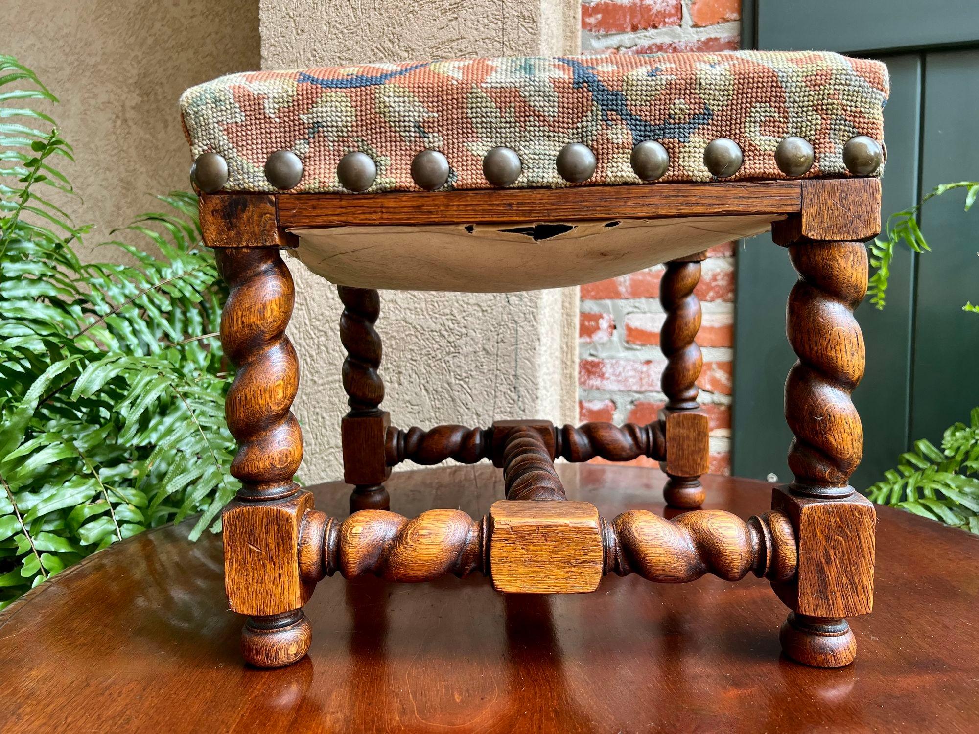 Antique English Barley Twist Stool Bench Oak Tapestry Needlework Square c1900 6