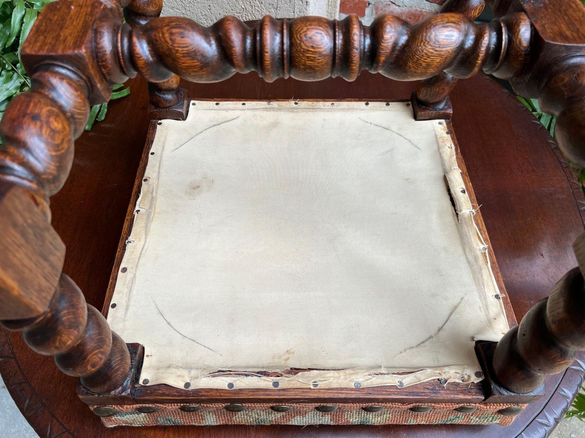 Antique English Barley Twist Stool Bench Oak Tapestry Needlework Square c1900 7