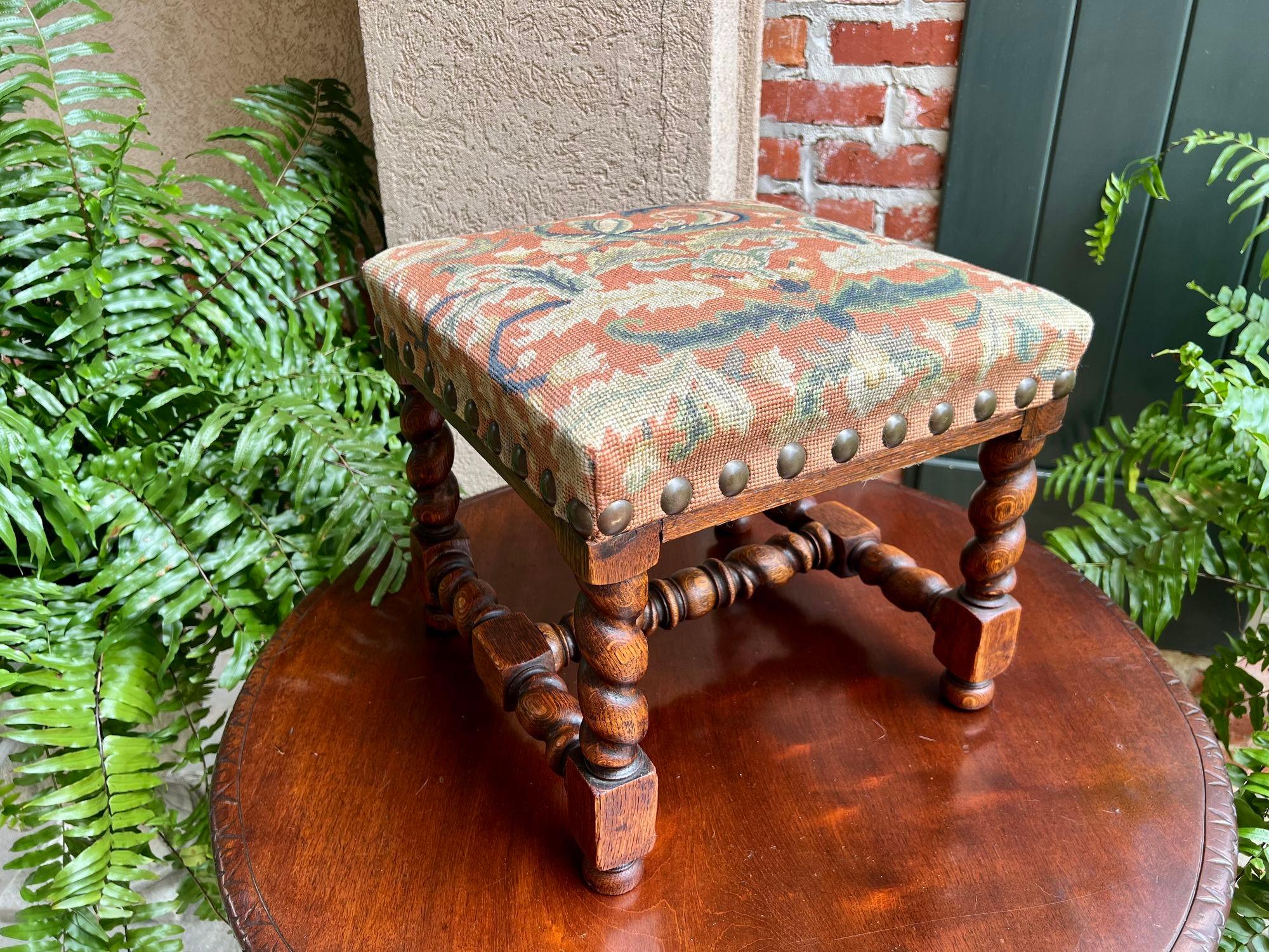 Antique English Barley Twist Stool Bench Oak Tapestry Needlework Square c1900 8