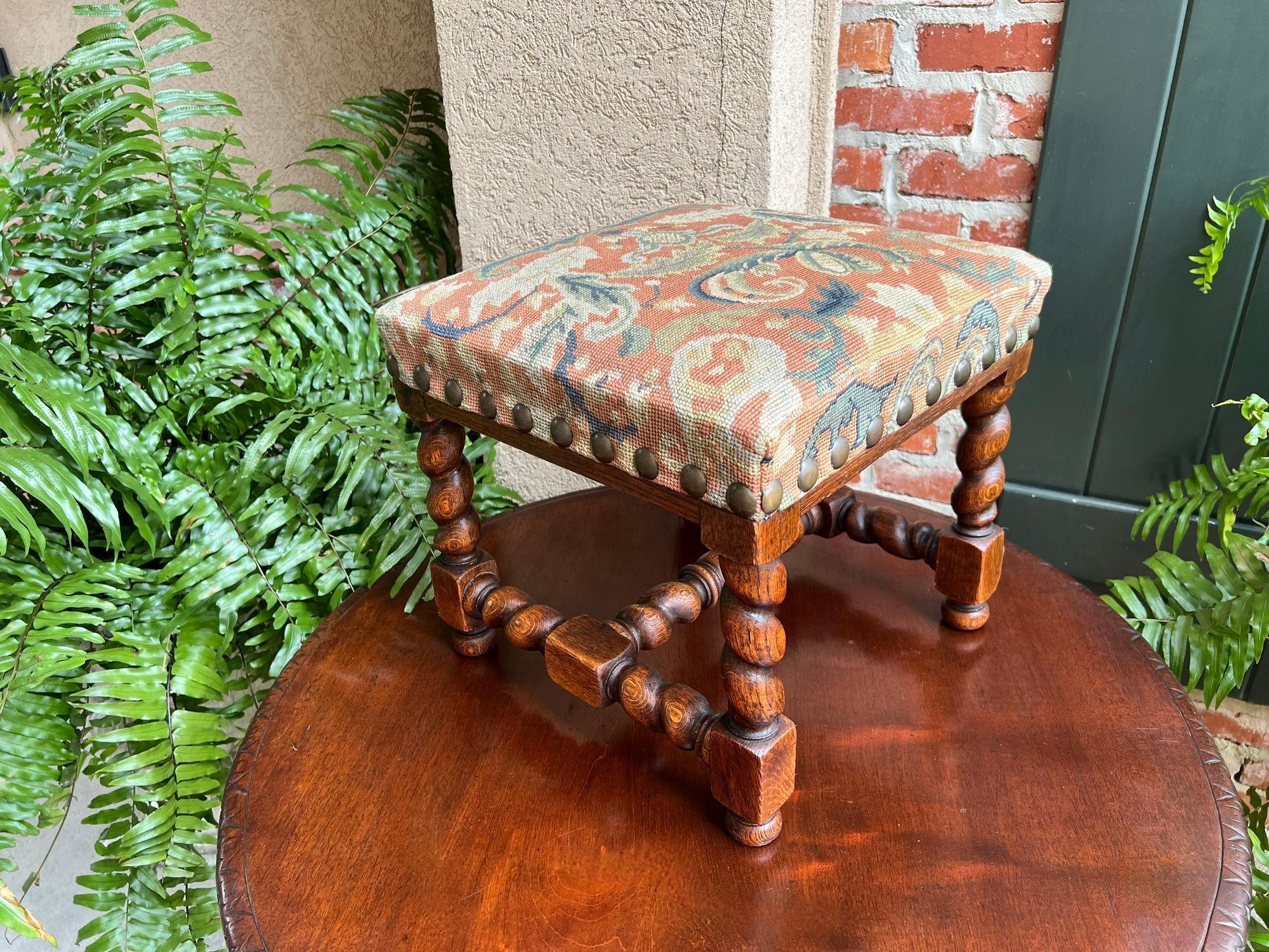 Antique English Barley Twist Stool Bench Oak Tapestry Needlework Square c1900 10