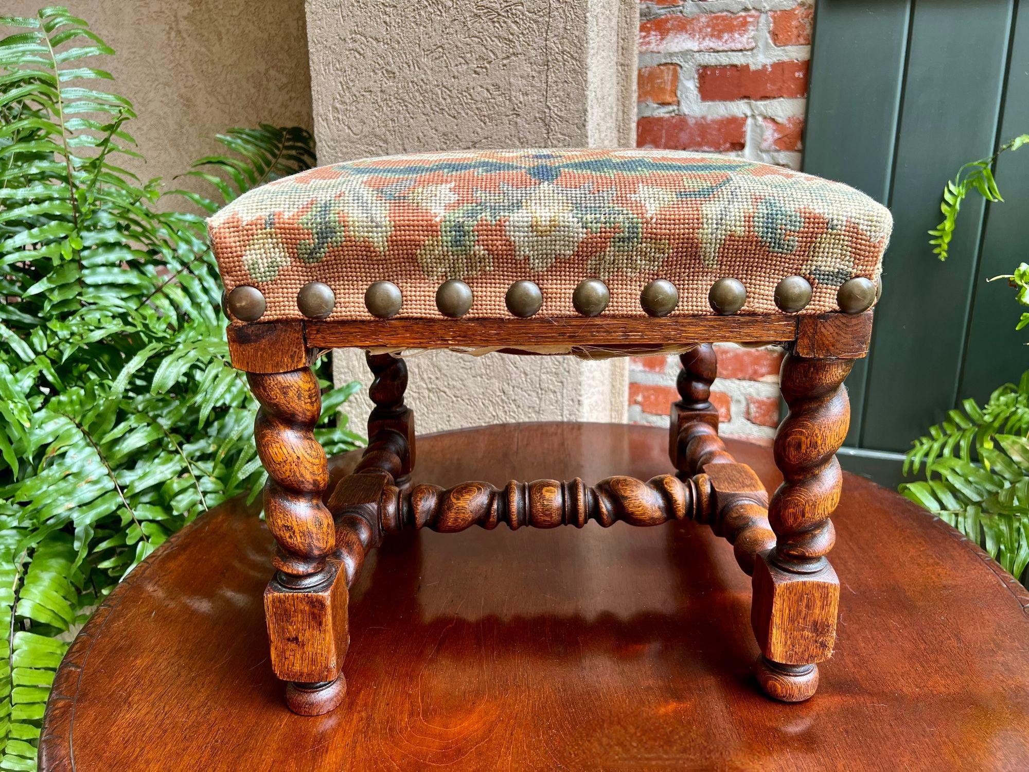 Antique English Barley Twist Stool Bench Oak Tapestry Needlework Square c1900 11