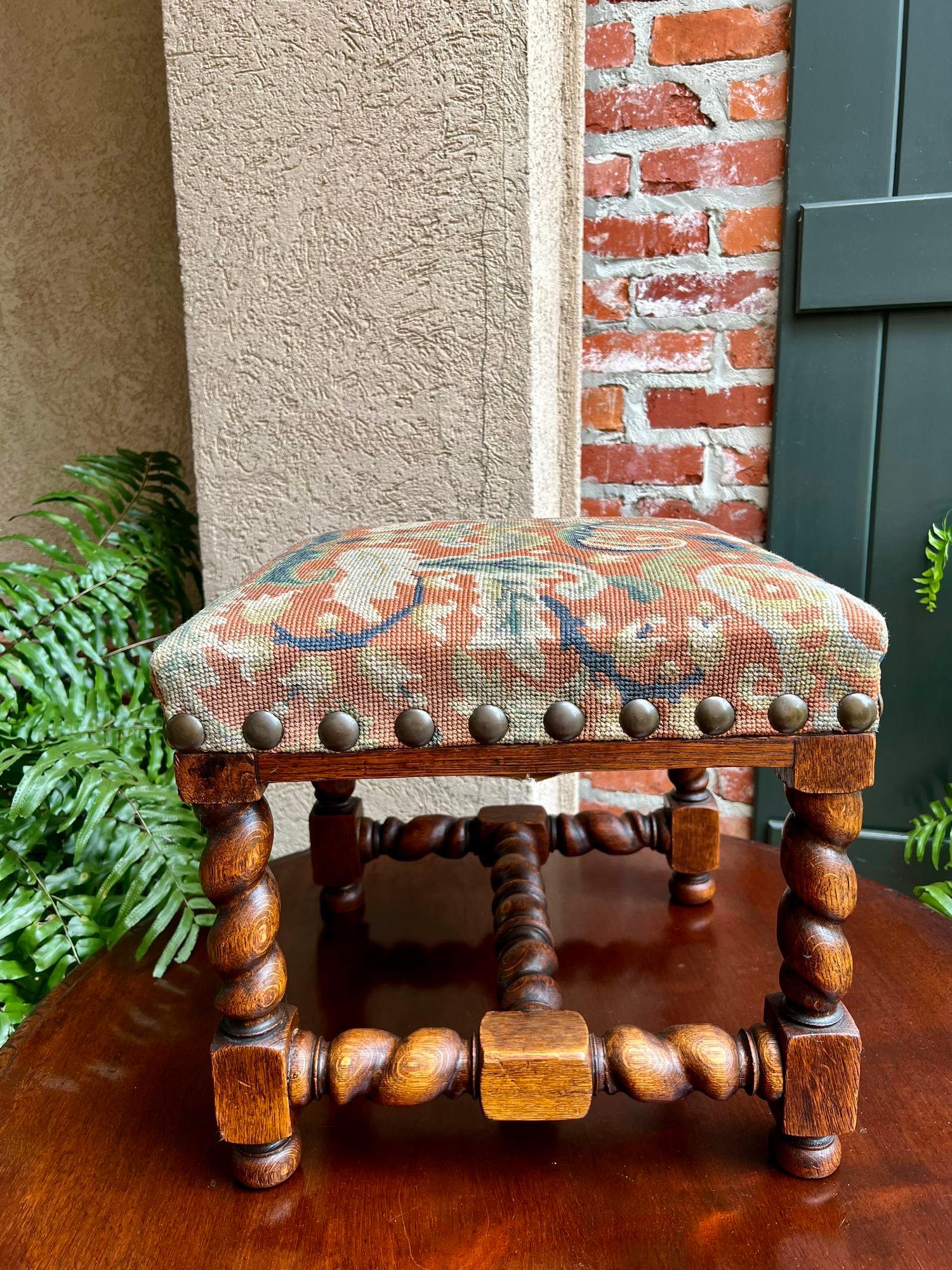 Antique English Barley Twist Stool Bench Oak Tapestry Needlework Square c1900 12