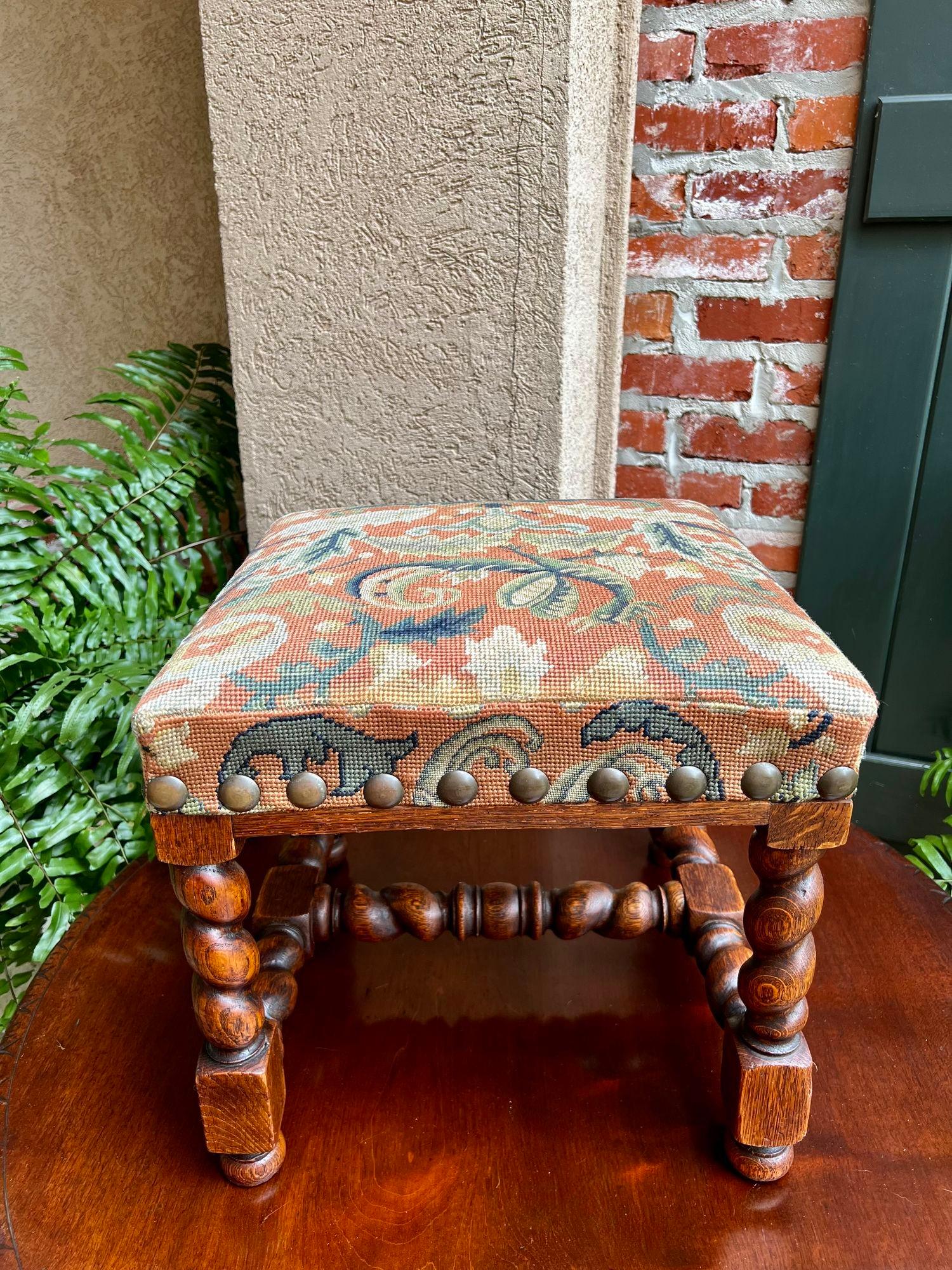 Antique English Barley Twist Stool Bench Oak Tapestry Needlework Square c1900 13