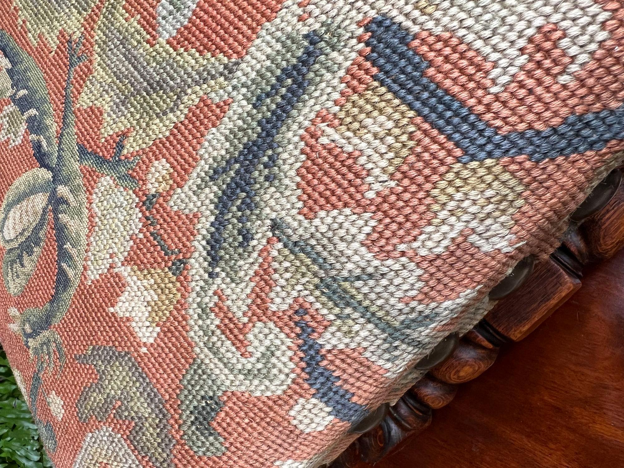 Antique English Barley Twist Stool Bench Oak Tapestry Needlework Square c1900 14