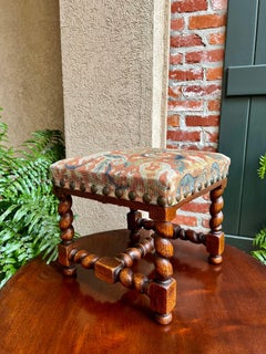 Antique English Barley Twist Stool Bench Oak Tapestry Needlework Square c1900