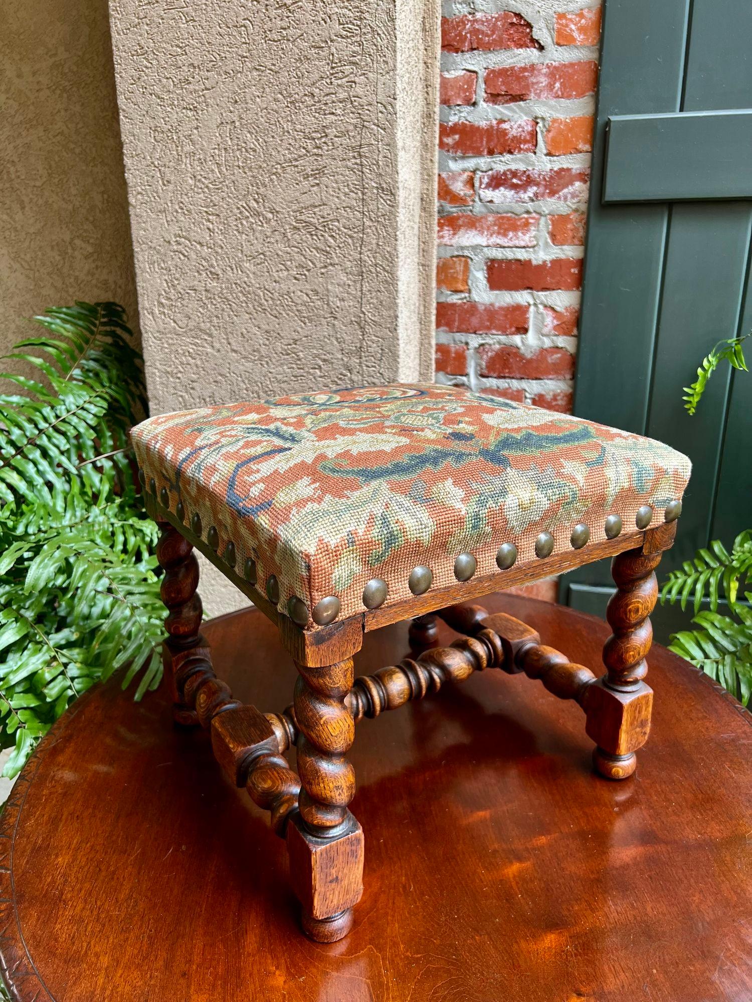 British Antique English Barley Twist Stool Bench Oak Tapestry Needlework Square c1900